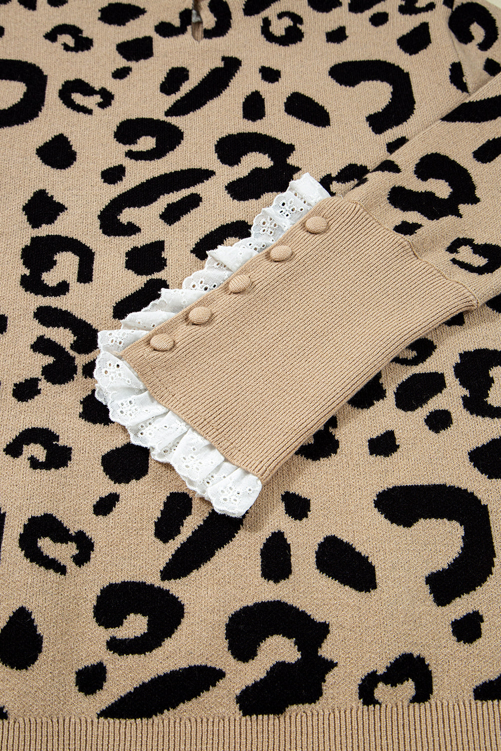 Pattern Lace Leopard Lace Rib-Knit Detail Button Cuffed Knit Top