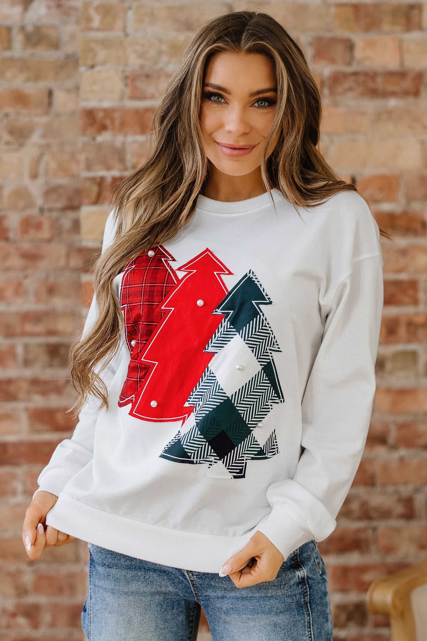 Pearl Plaid Christmas Tree Patched Drop-Shoulder Sweatshirt