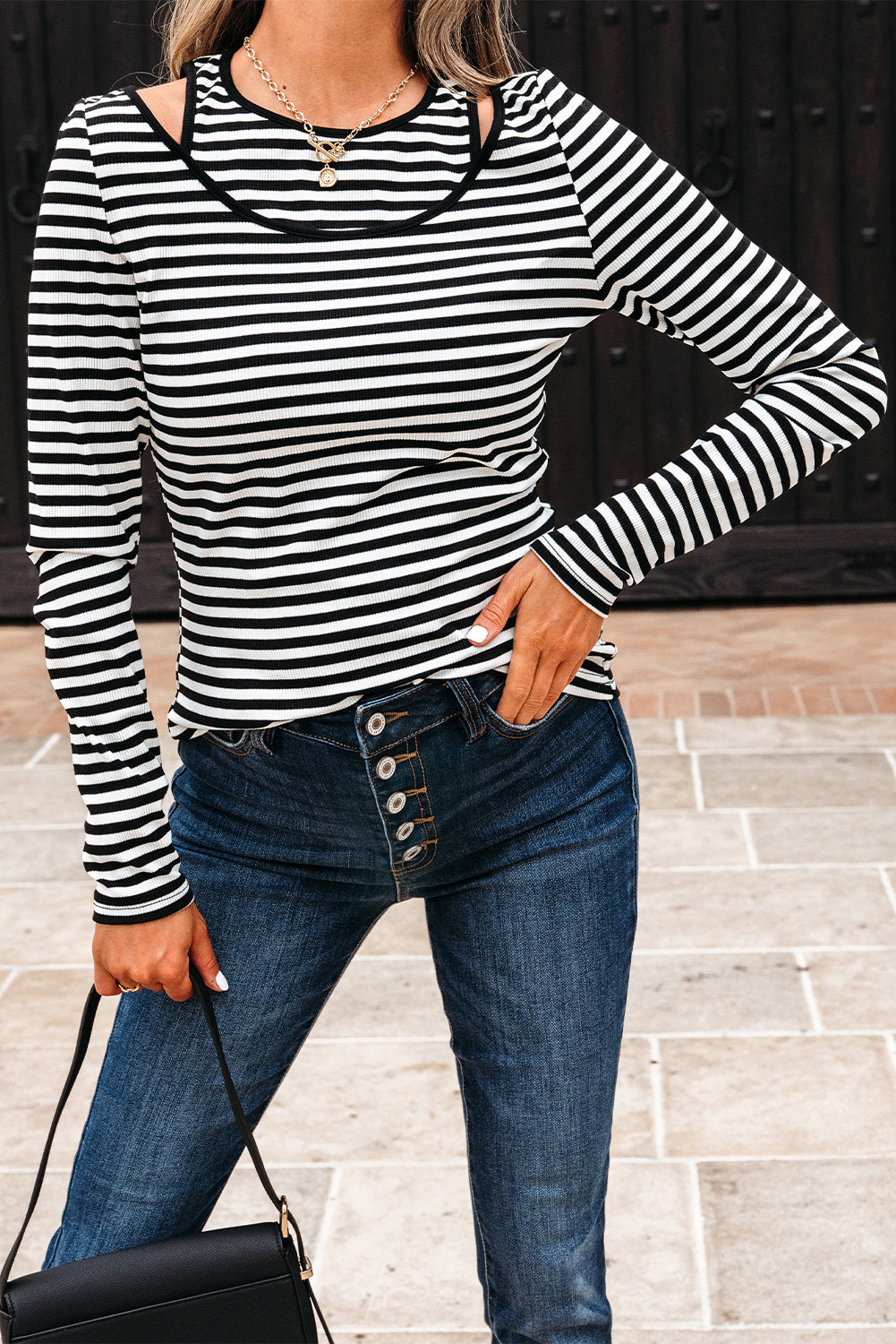 Stripe Double-layer Cold Shoulder Long-Sleeved Top in Black