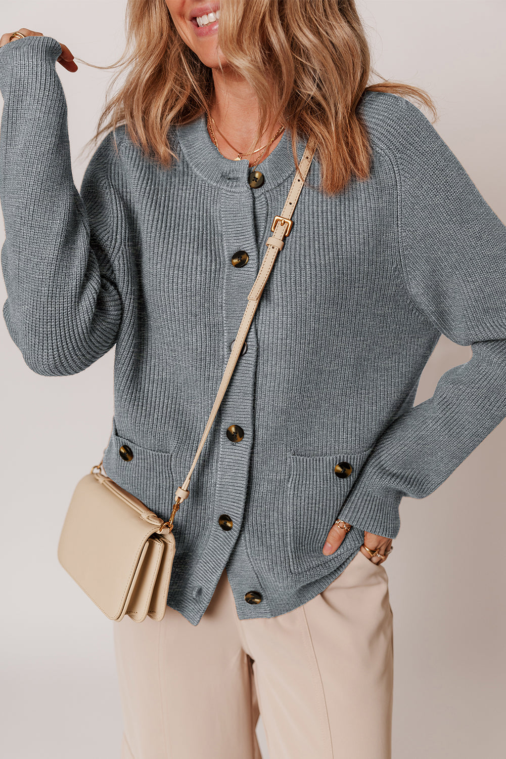 Chunky Cardigan Button-Front Round-Neck Knit Top