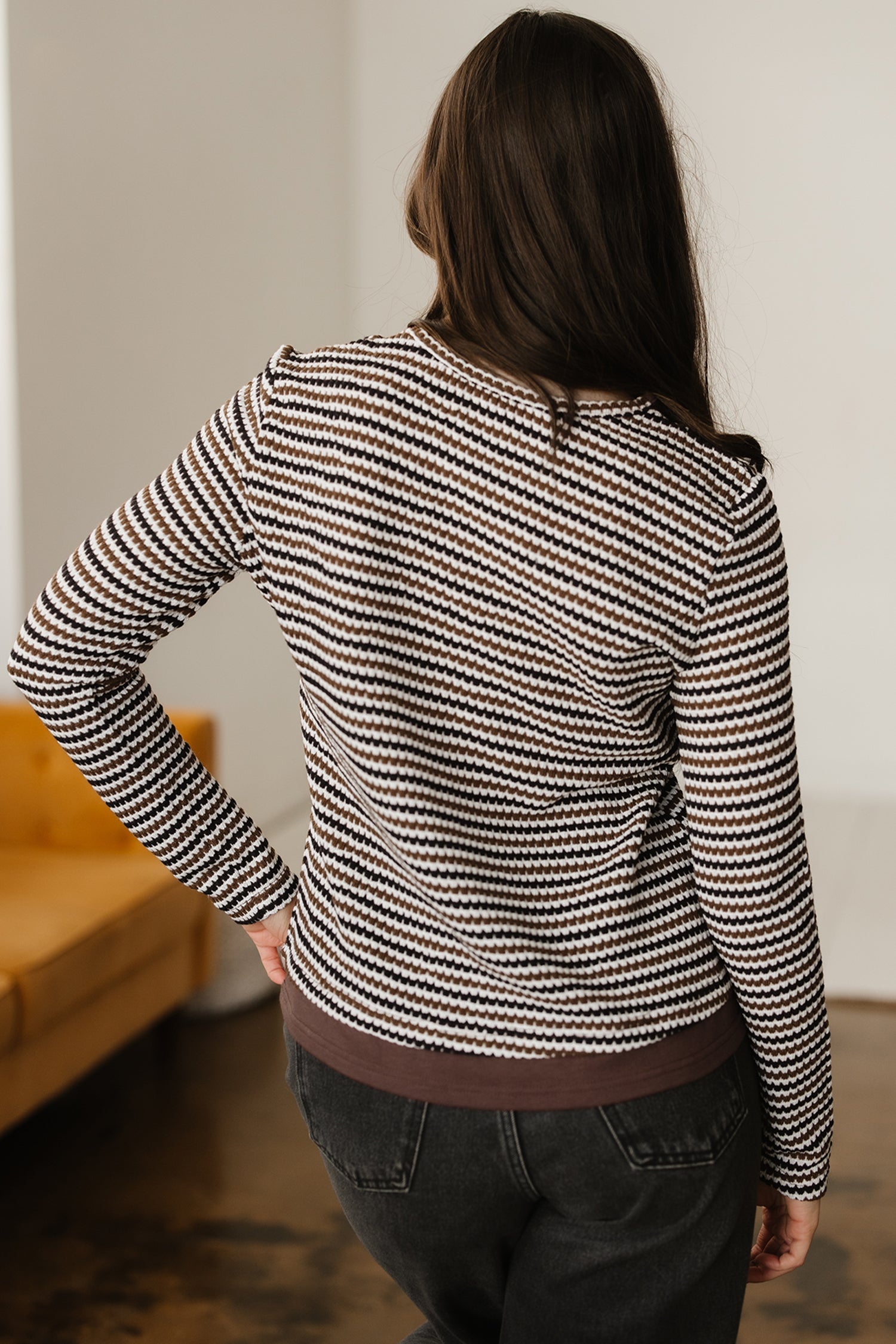 Textured Faux 2-Piece Striped Round-Neck Long-Sleeved T Shirt