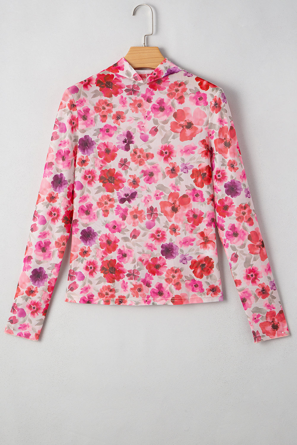 Floral-Print Fit Long-Sleeved Slim Mesh Top in Red