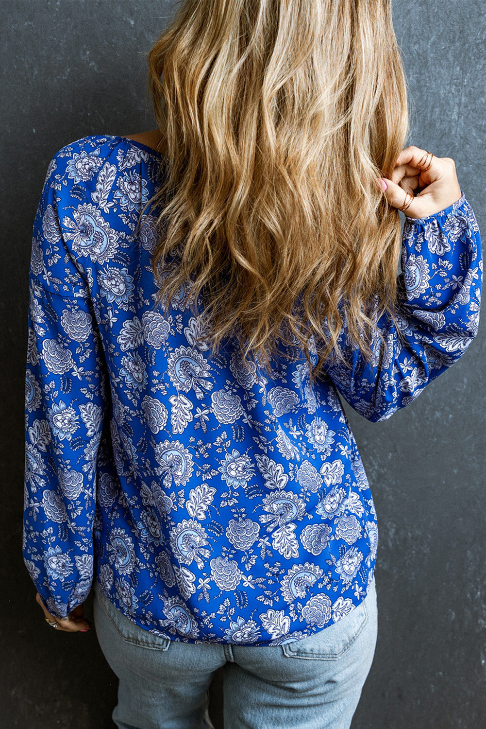 Blouse for Women Floral-Print Notched V Neck Long-Sleeve