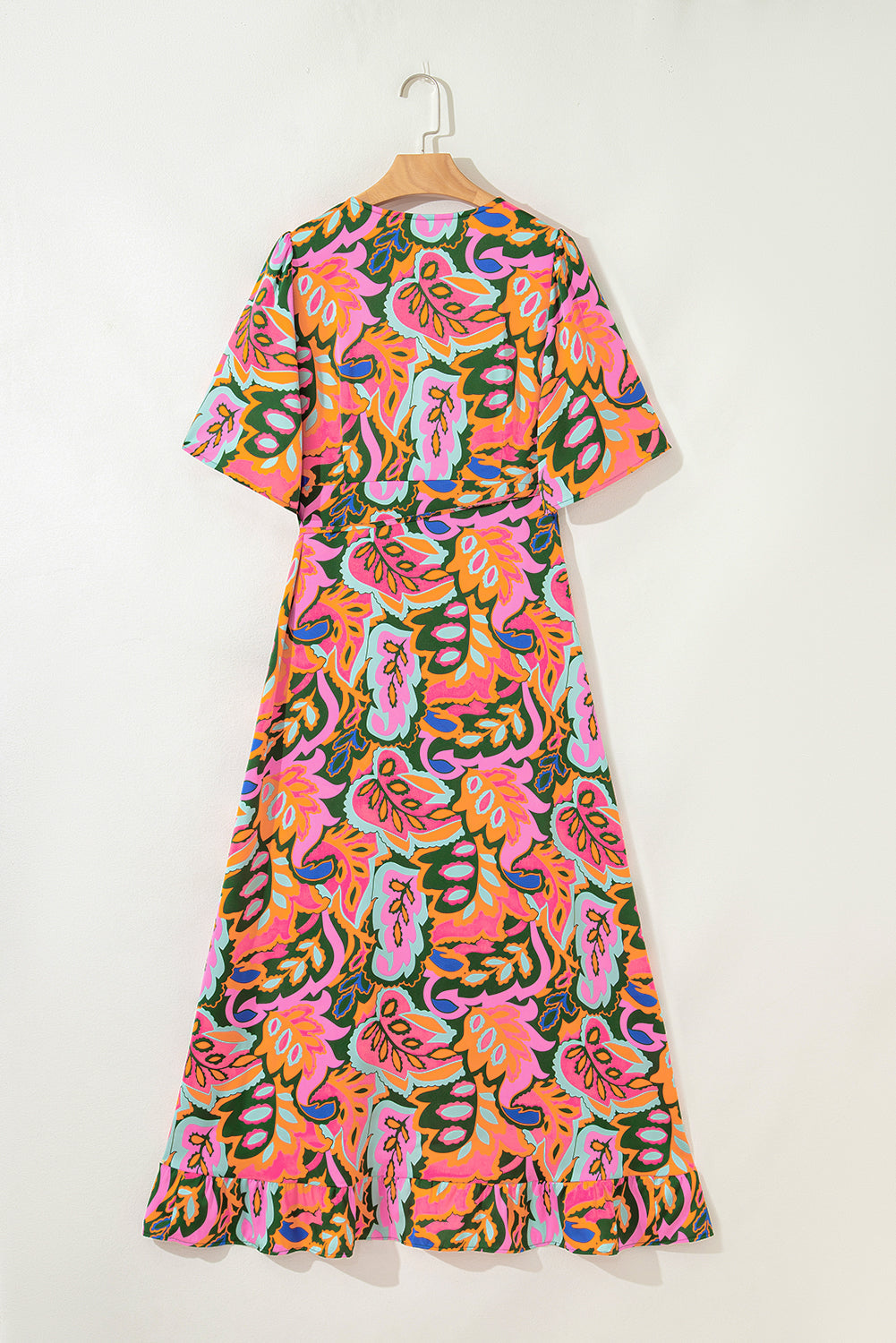 Plant Print Summer Print Surpliced V-Neck Ruffled Asymmetric Slit Wide Maxi Dress