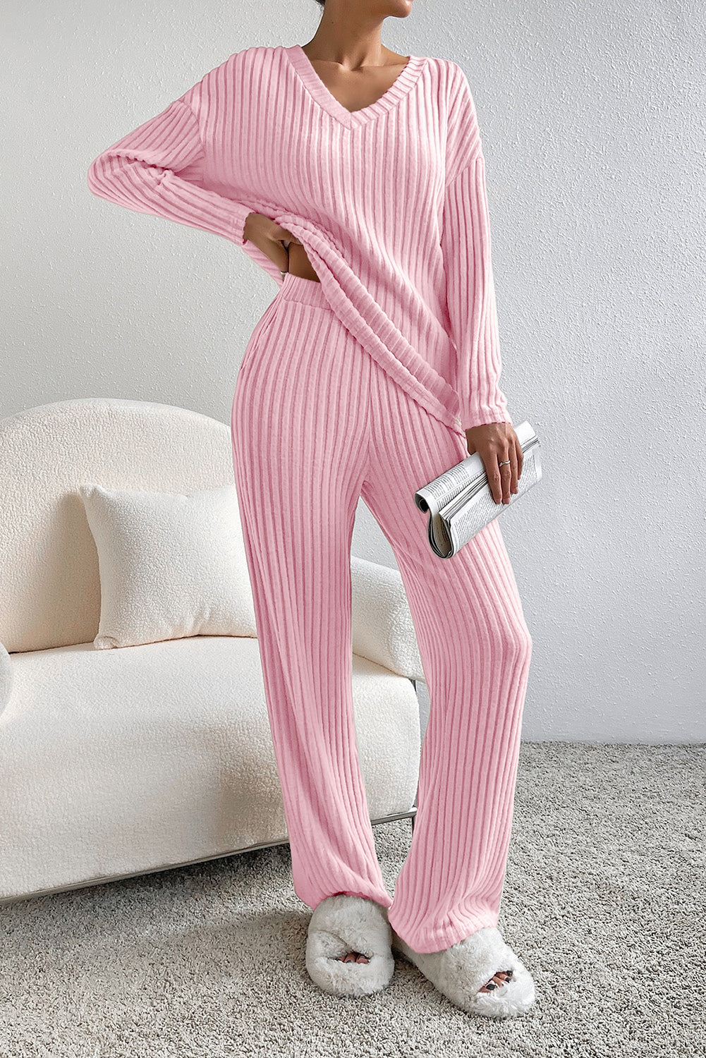Rib-Knit Knit V-Neck Slouchy Two-piece Outfit