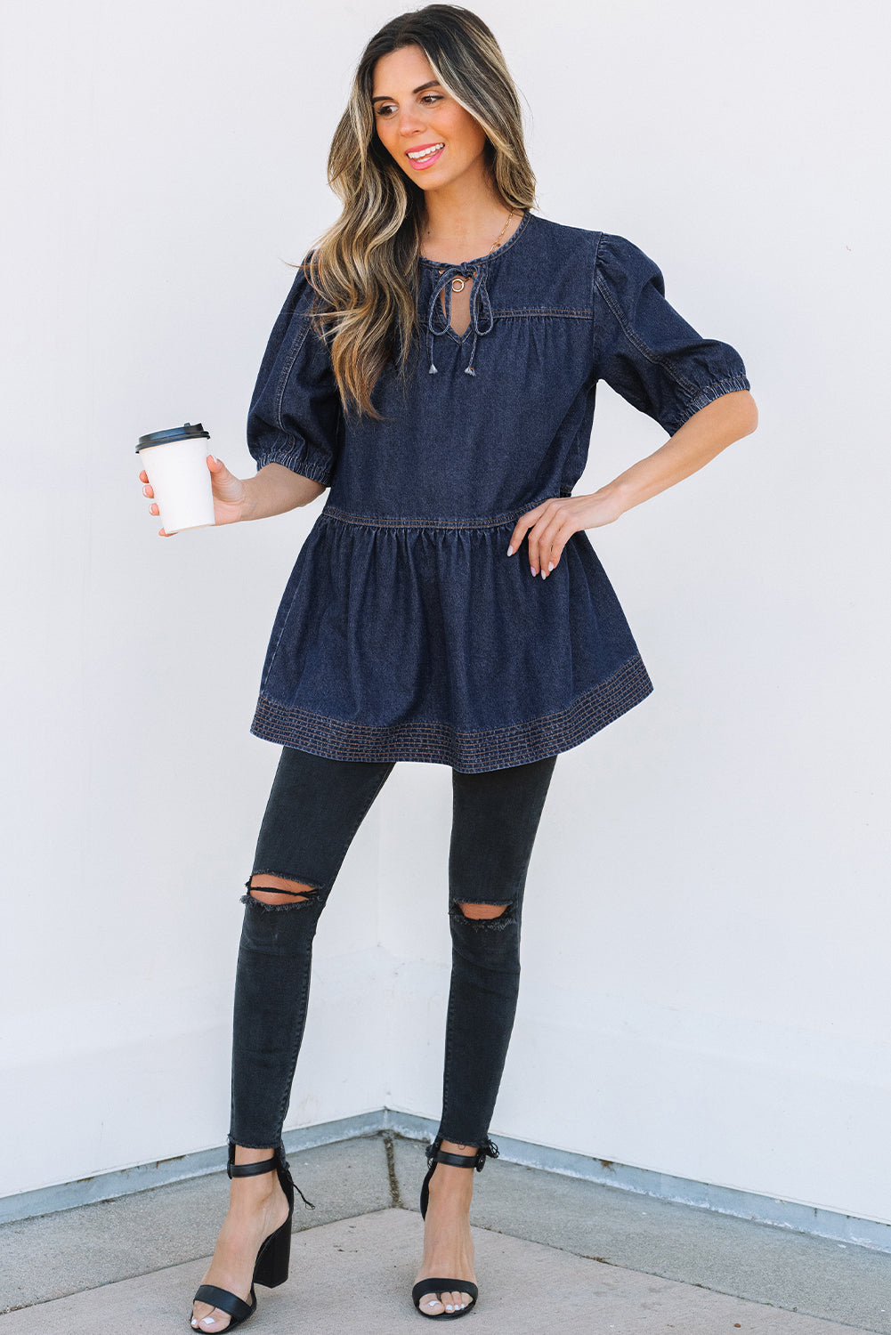 Lace-up Neckline Splicing Denim Blouse