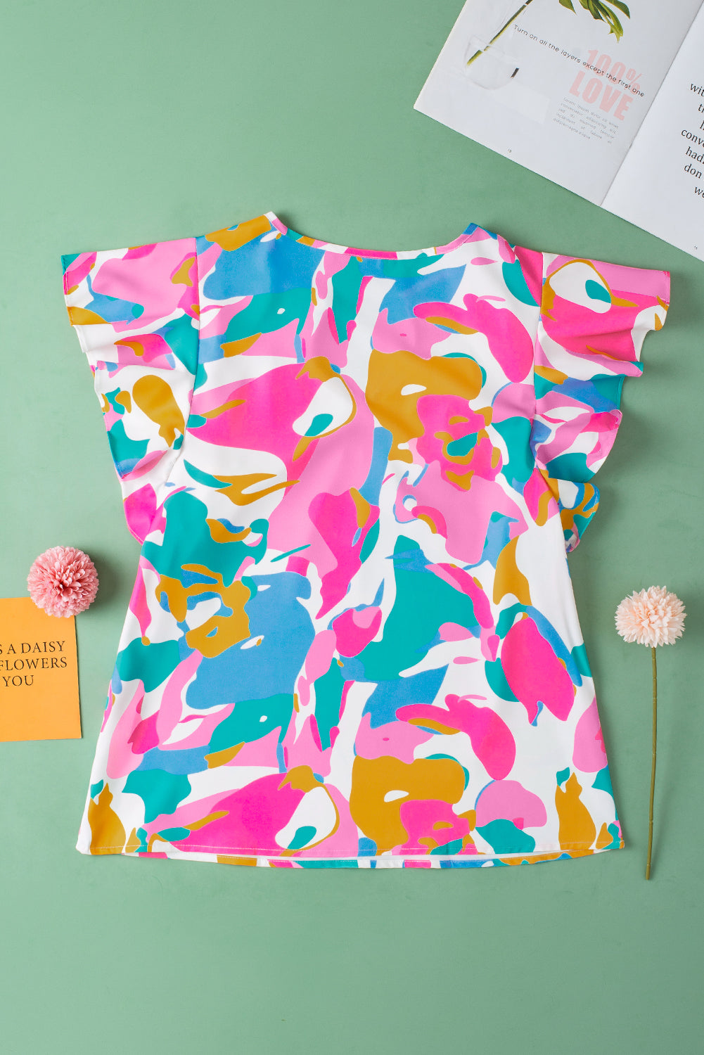 Women's Blouse with Abstract Print Notched Neck Flutter Sleeve