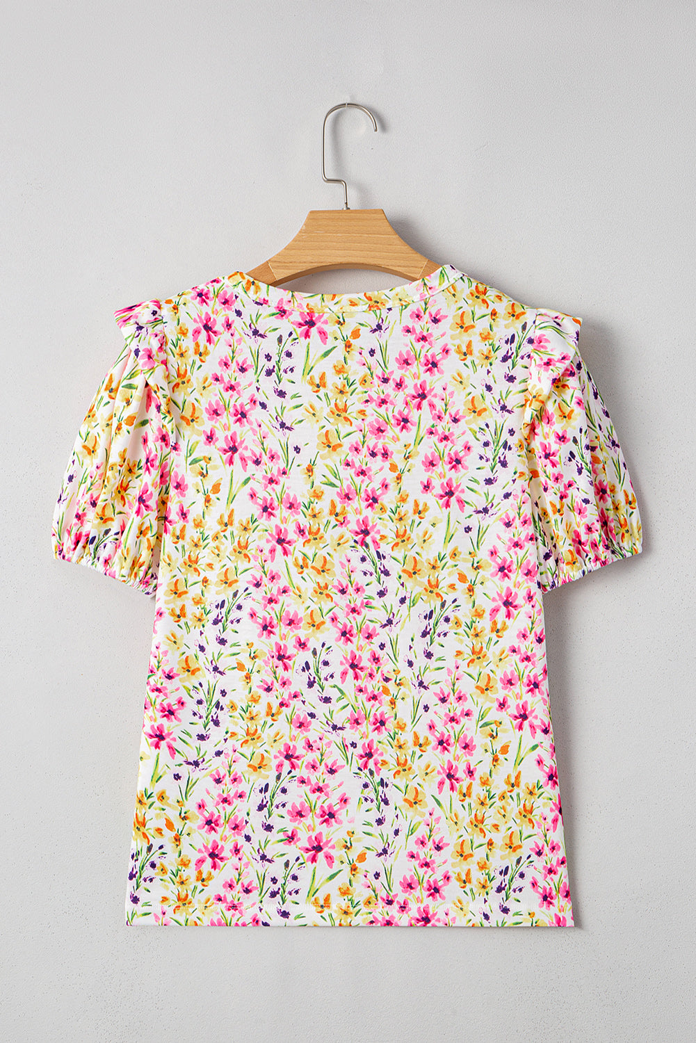 Floral Puff Short-Sleeved Crewneck Blouse