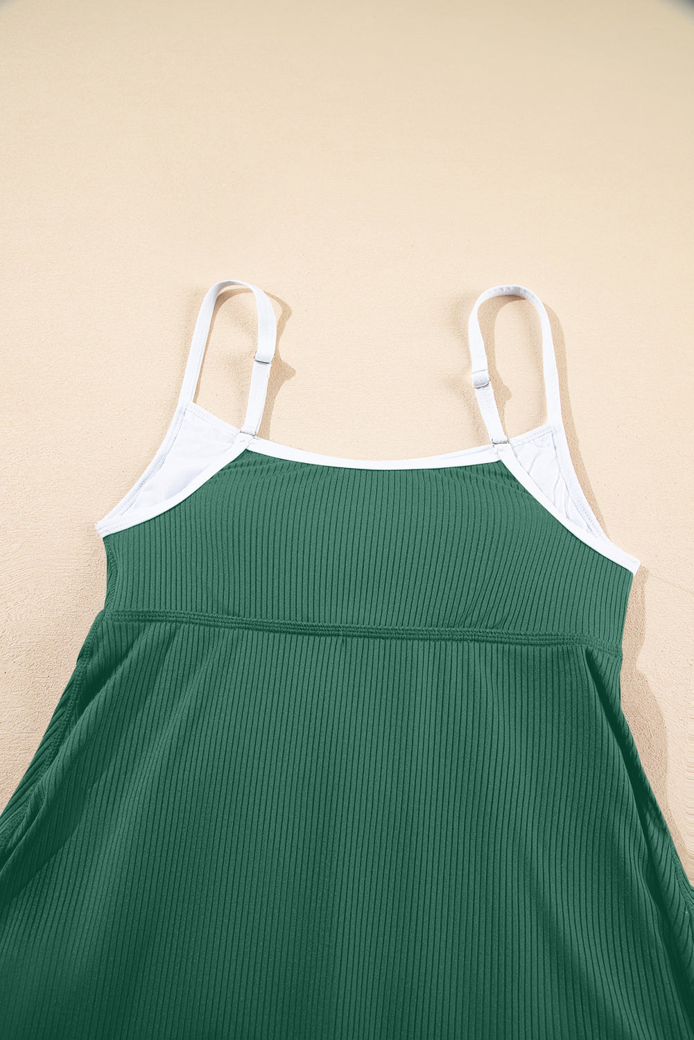 Edge Rib-Knit Colorblock Rib-Knit Pocket-Detail Lined Swim Dress in Blackish Green