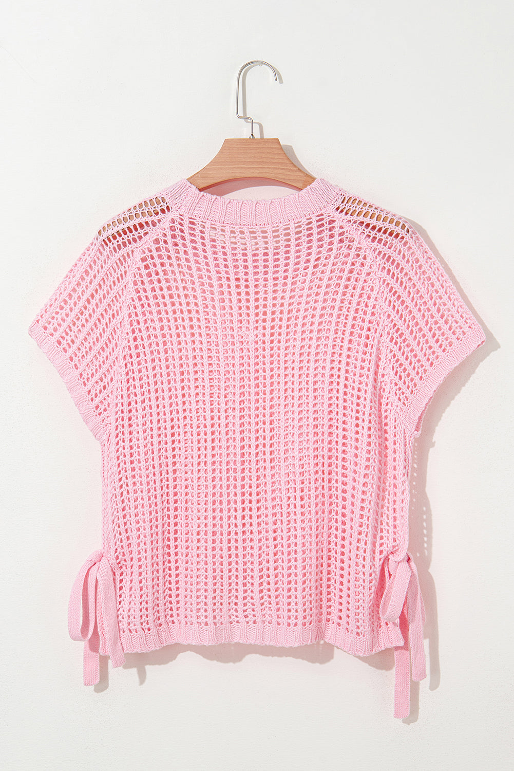 Crochet Side Hollow-out Side Tied Short-Sleeved Knit Top