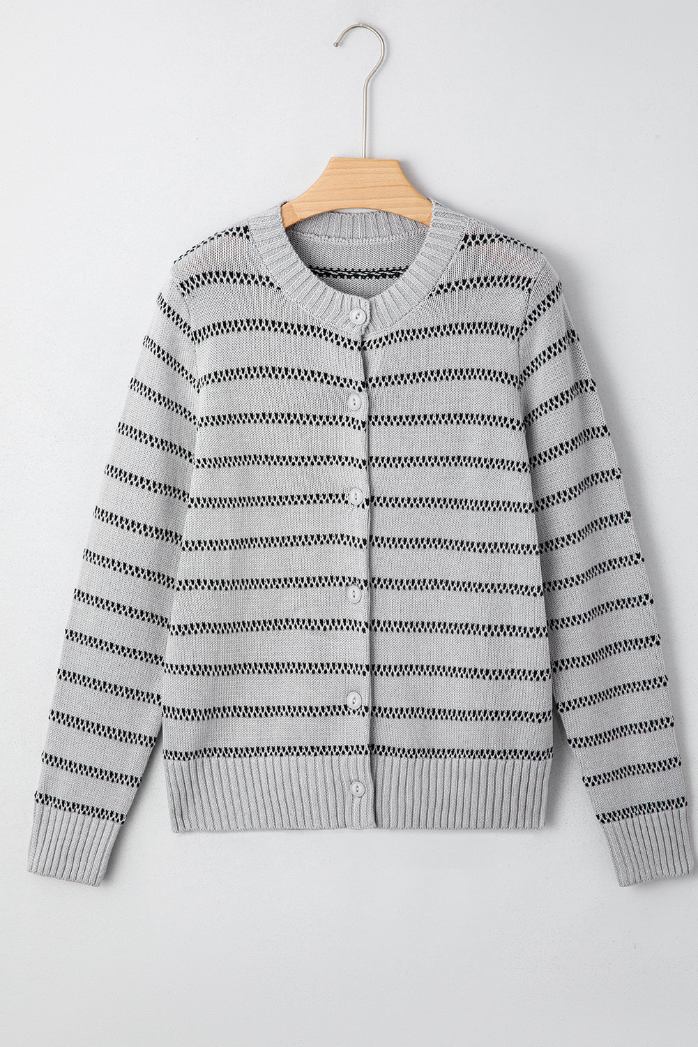Stripe Rib-Knit Button Front Trim Short Cardigan in Gray
