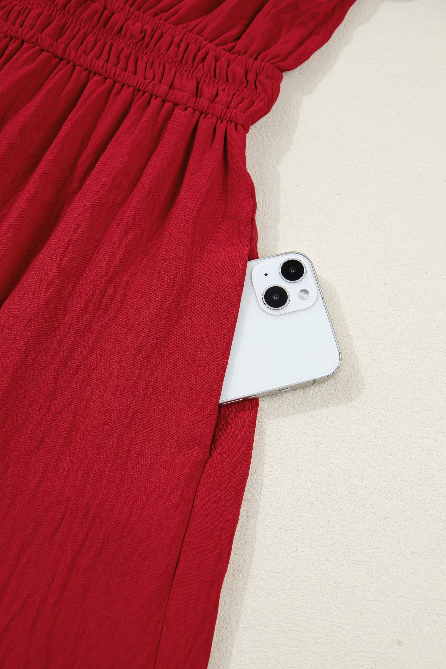 Detail Cinched Embroidered Cinched Waist Tiered Long-Sleeved Maxi Dress in Red