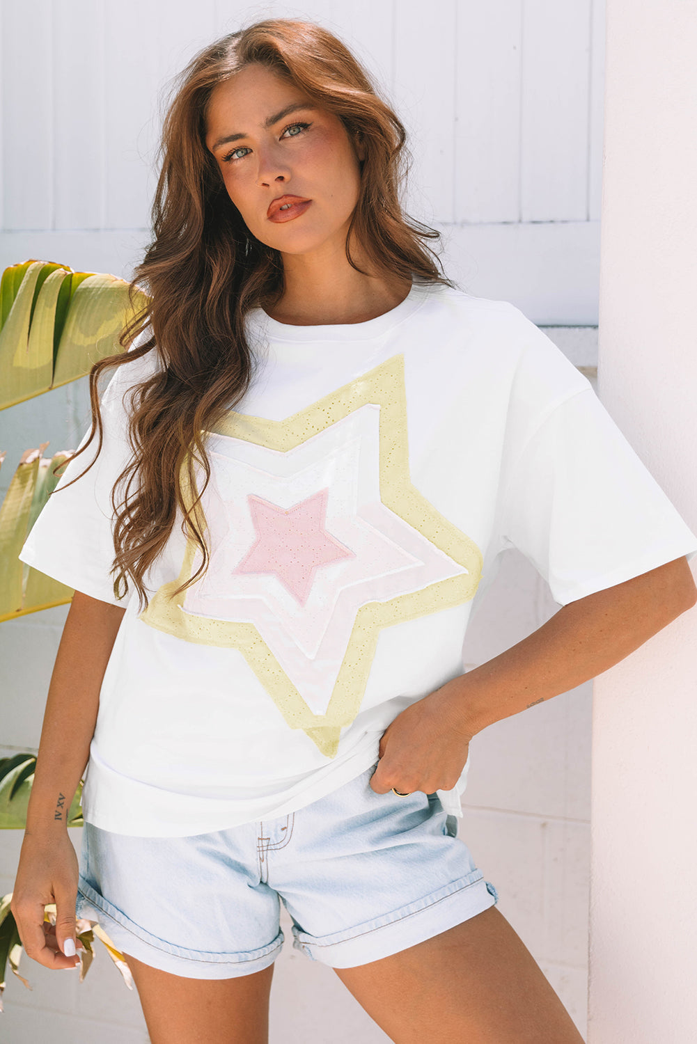 Star Layered Patched Graphic Drop-Shoulder Half Sleeve Loose Tee