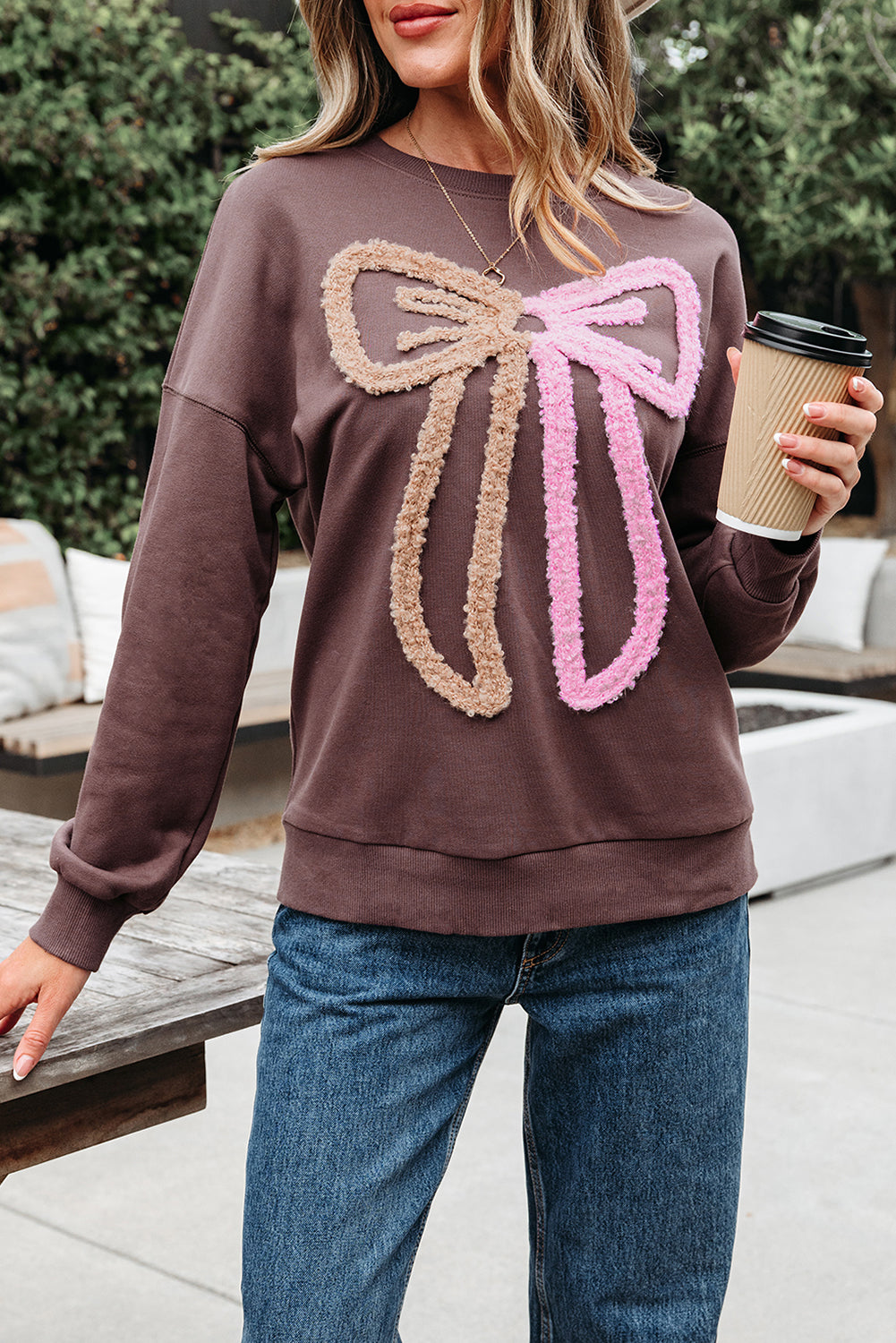 Terry Bow Contrast Bow Pattern Drop-Shoulder Sweatshirt