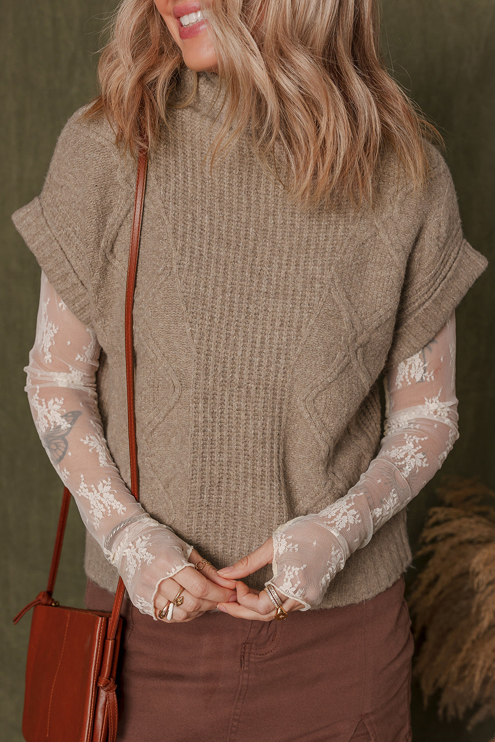 Knit High Textured High Neck Knit Top T Shirt in Smoke Gray