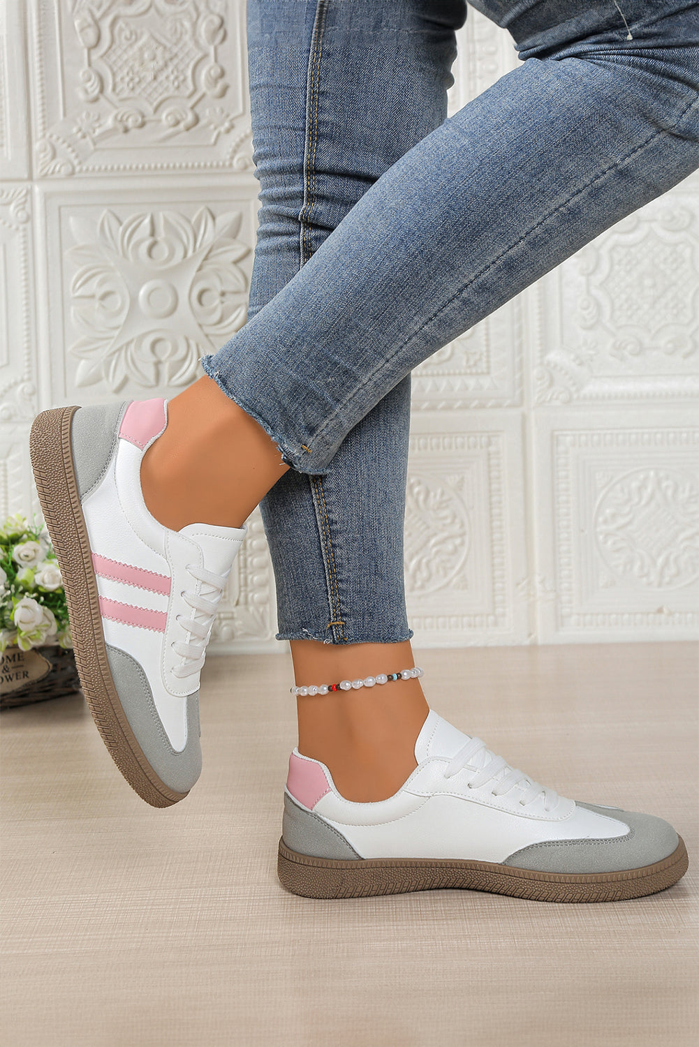 Leather Colorblock PU Patchwork Lace Up Flat Shoes in Pink