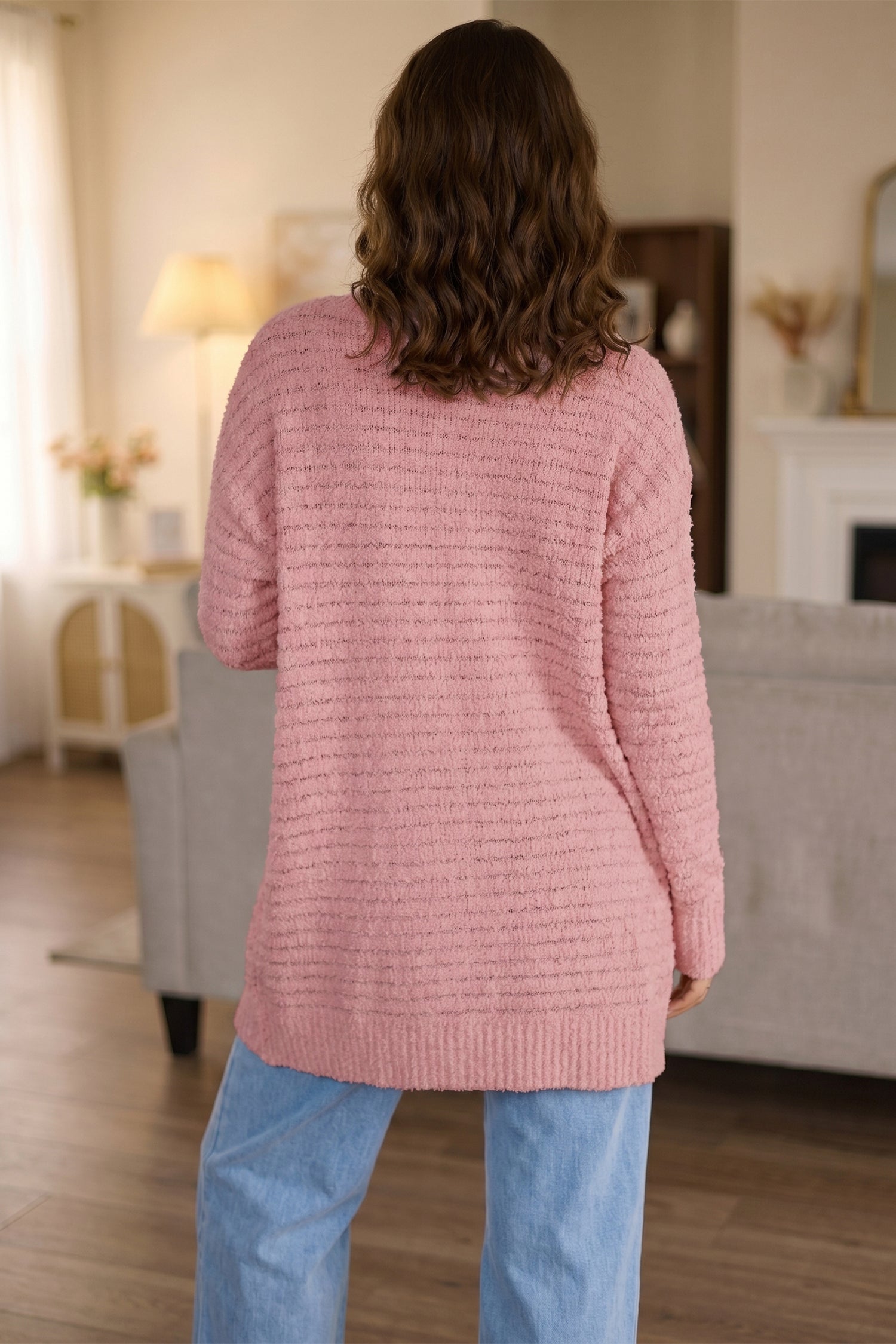 Open-Front Soft Fuzzy Rib-Knit Cardigan Knit Top in Light Pink