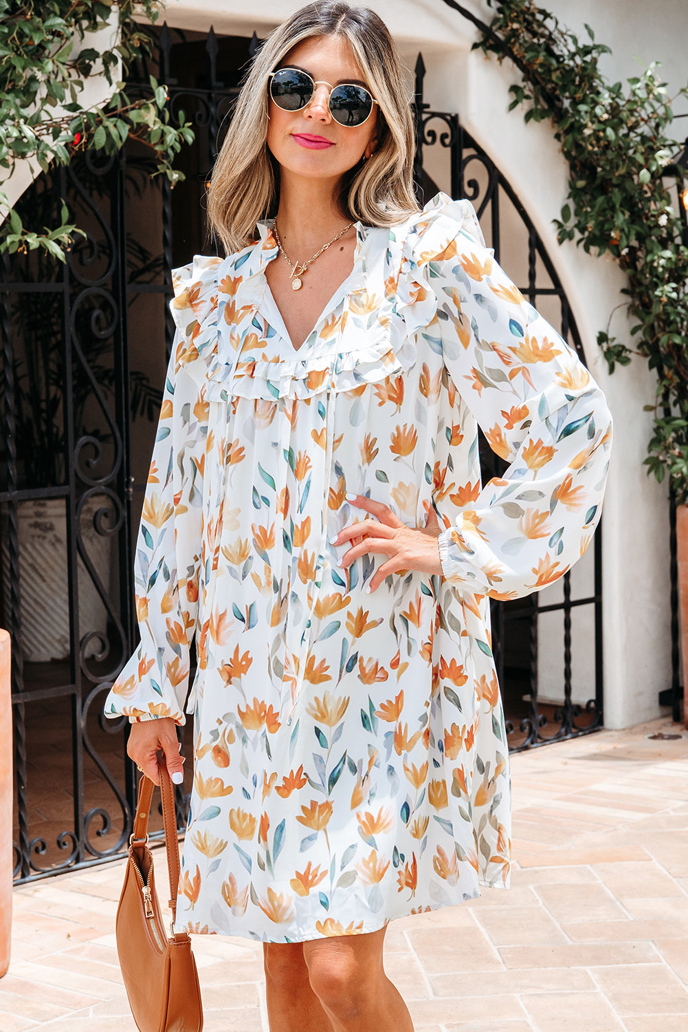Floral-Print Frilled Tie Neck Detail Long-Sleeved Mini Dress