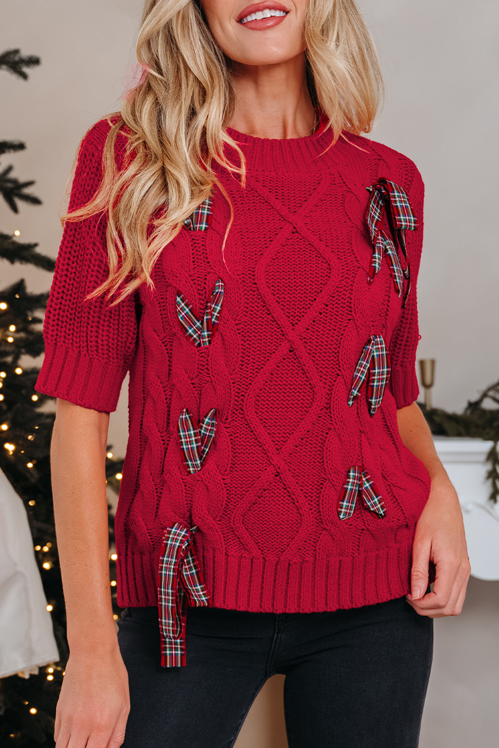 up Plaid Lace Detail Christmas Holiday Puff Short-Sleeved Knit Top