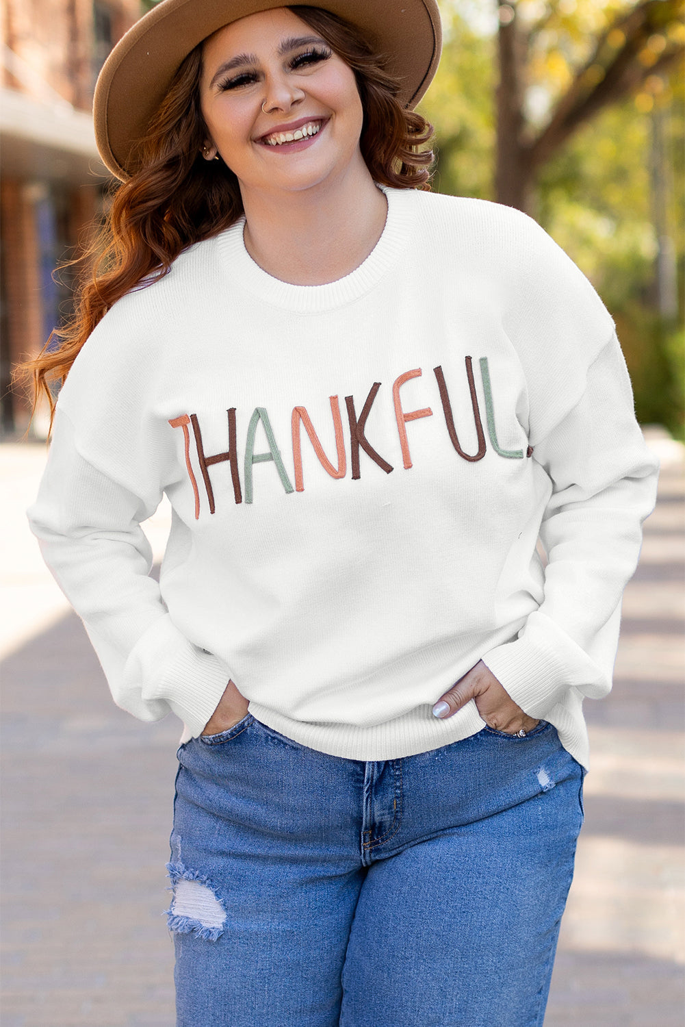 Plus Size Thankful Ivory Embroidered Sweater