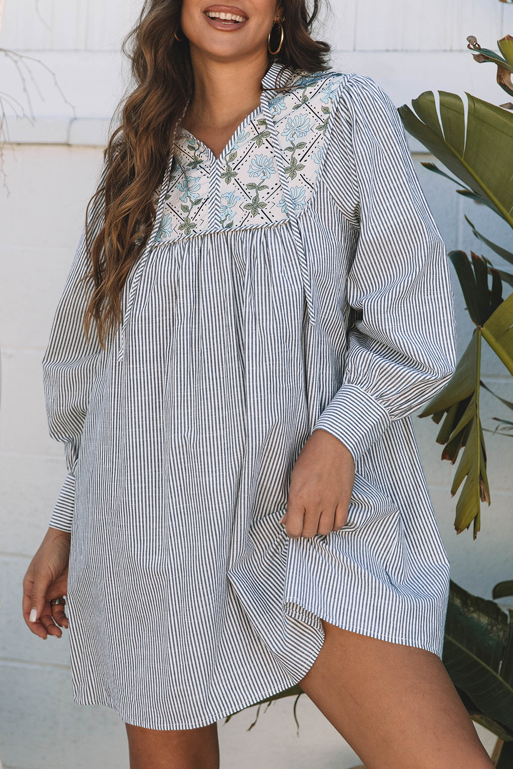 Black Stripe Floral Patchwork Shift Long Sleeve Mini Dress