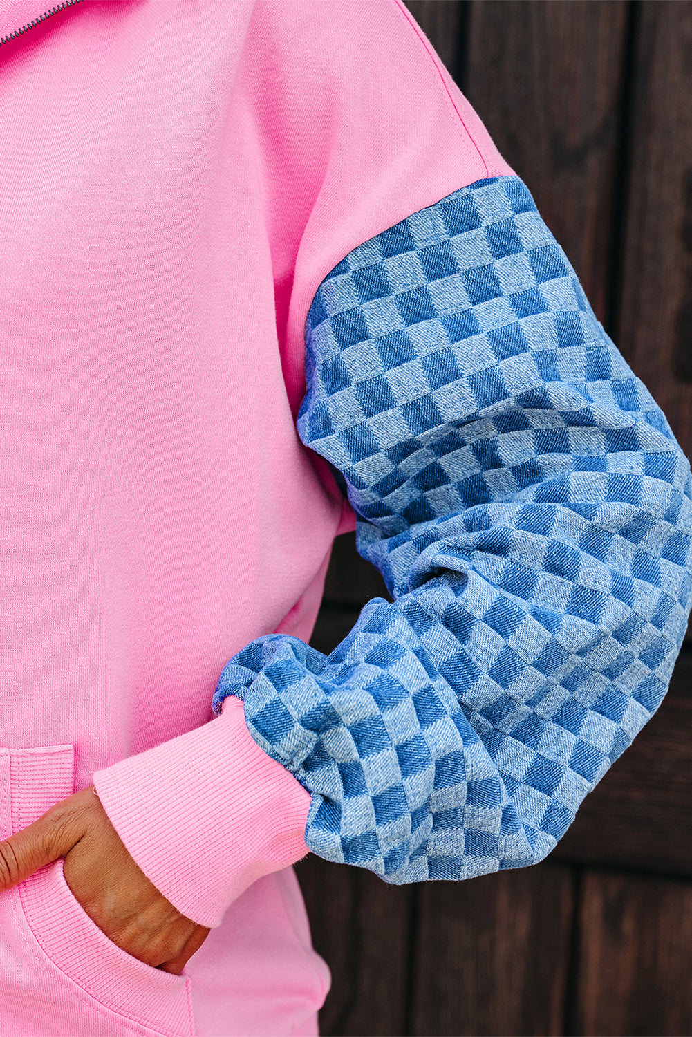 Patchwork Kangaroo Checkered Kangaroo Pocket Half Zip Hoodie