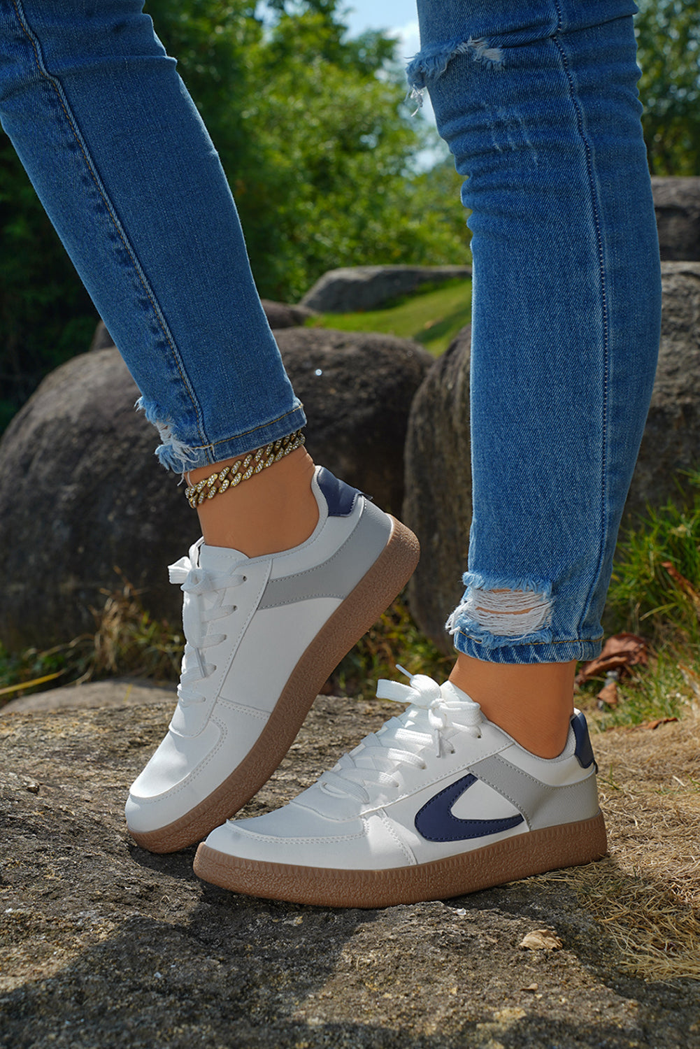 Color Contrast PU Leather Lace-up Sneakers Style