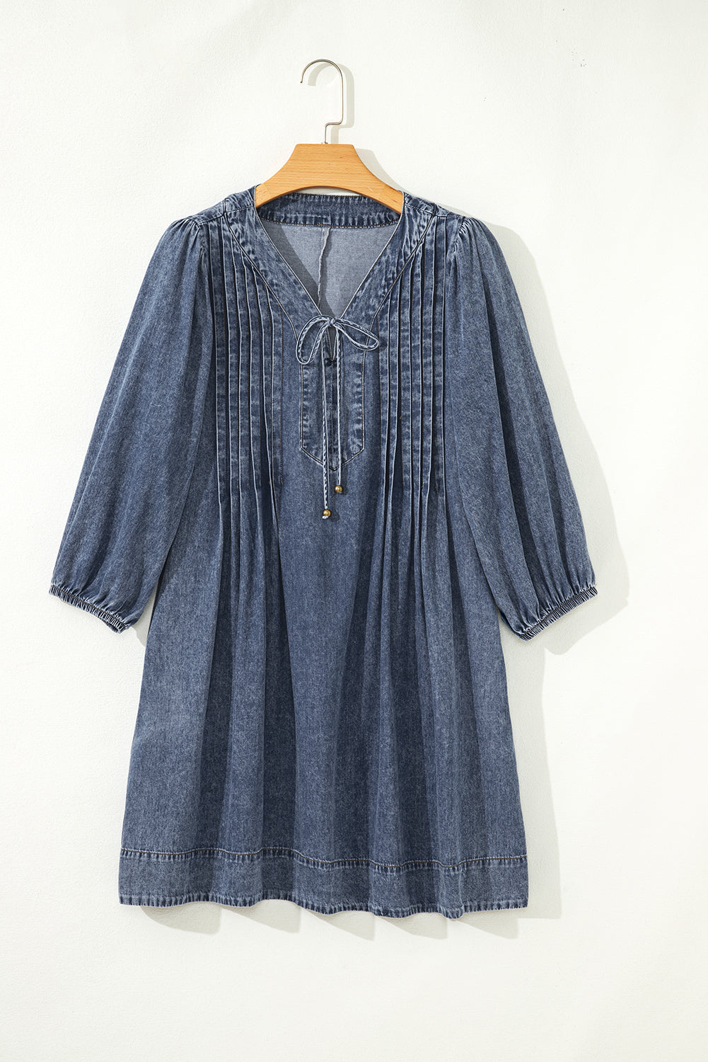 3/4 V-Neck Sleeve Tied Pleated Denim Mini Dress