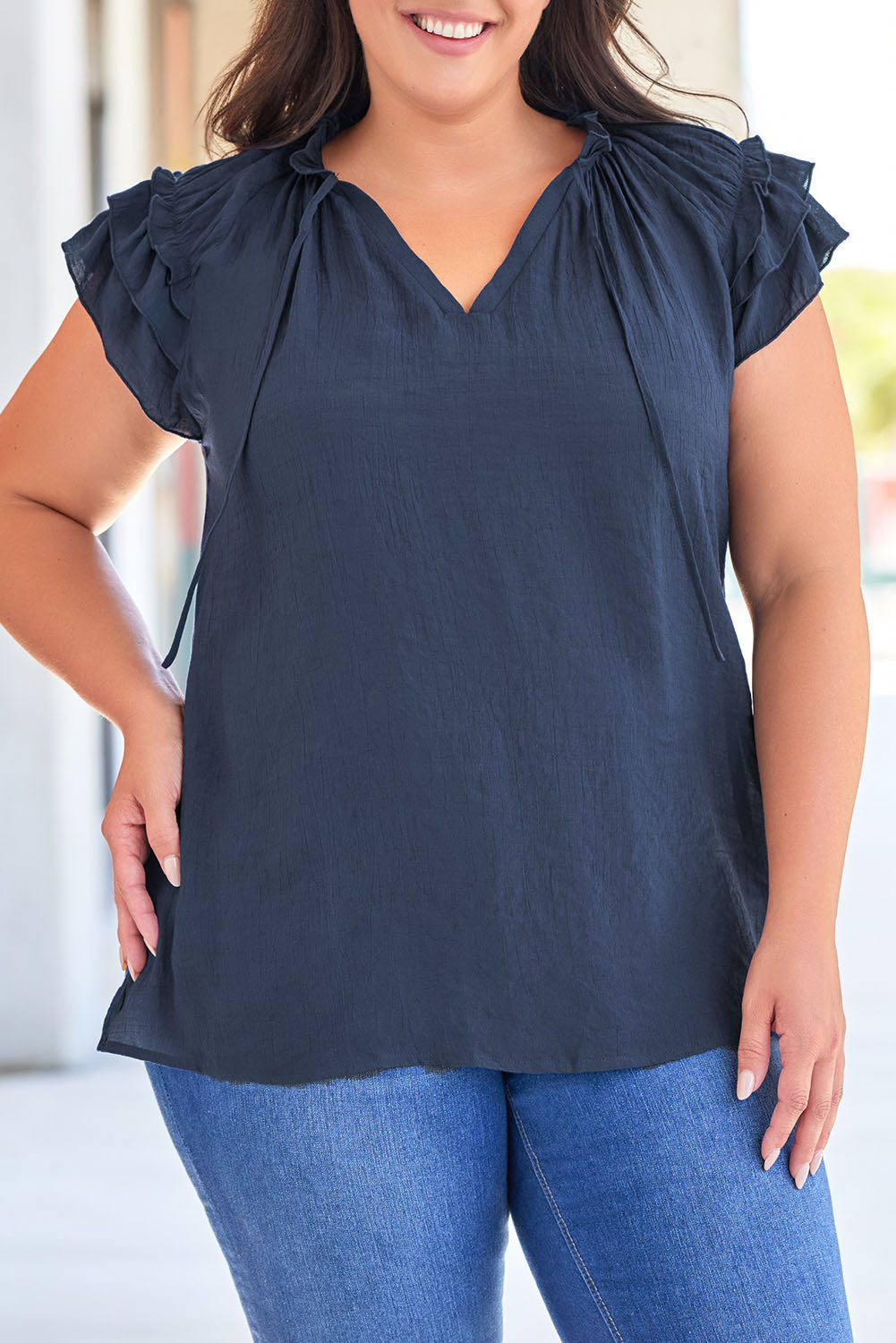 Blouse for Women Ruffle-Trimmed Sleeve Drawcord Plus Size