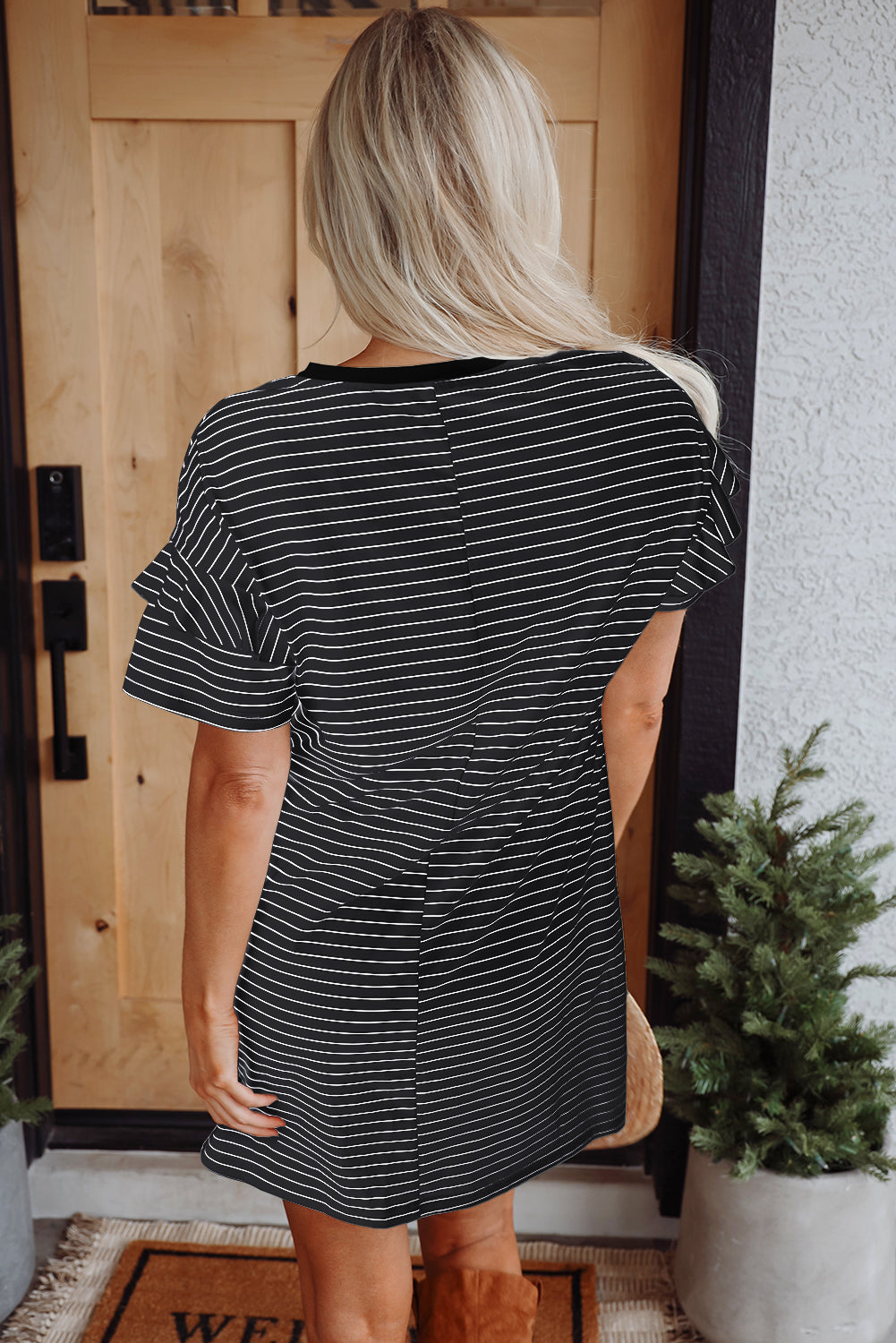 Black Stripe Ruffled Short Sleeve T Shirt Shift Mini Dress