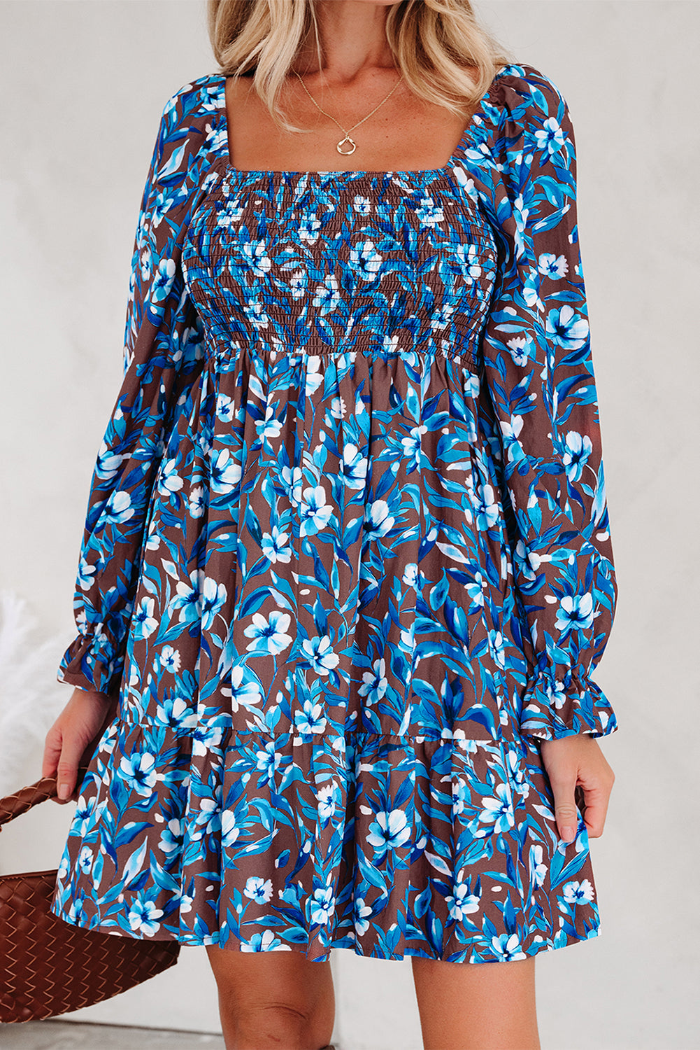 Smocked Bodice High-Waisted Ruffled Sleeve Floral Dress