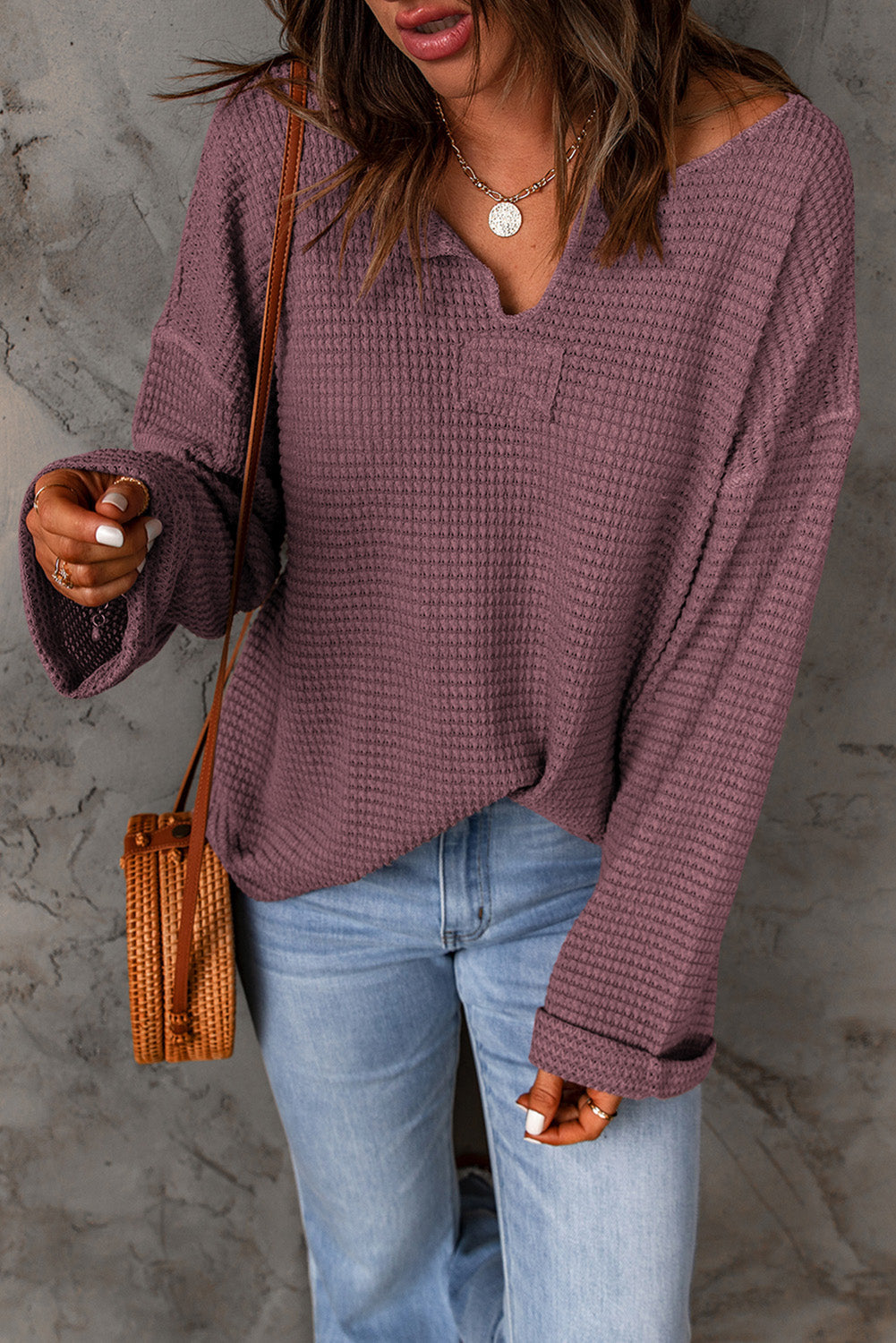 Top for Women Loose Long-Sleeve Knitted