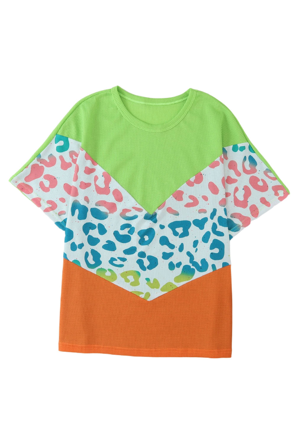 T-shirt patchwork en tricot gaufré léopard color block vert