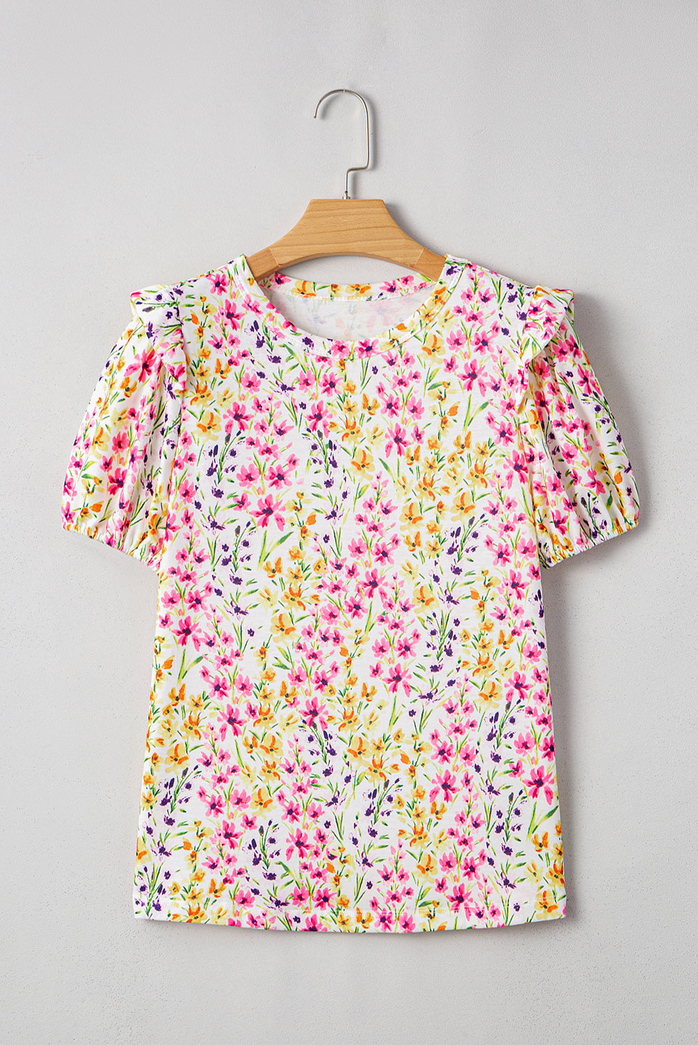 Floral Puff Short-Sleeved Crewneck Blouse