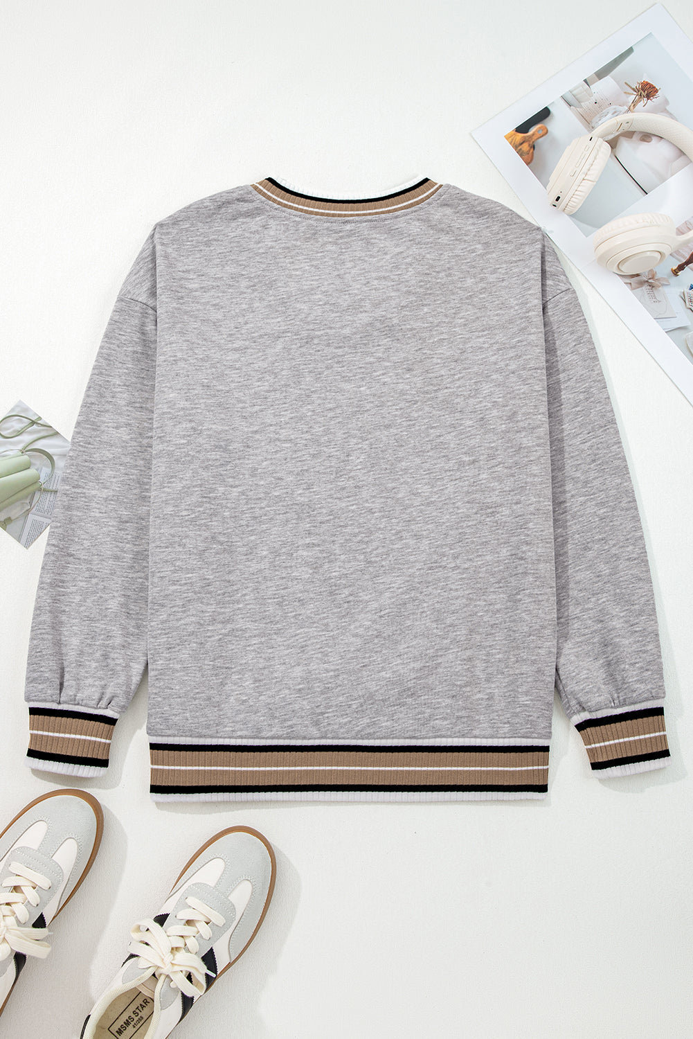 Varsity Trim Contrast Striped V-Neck Sweatshirt
