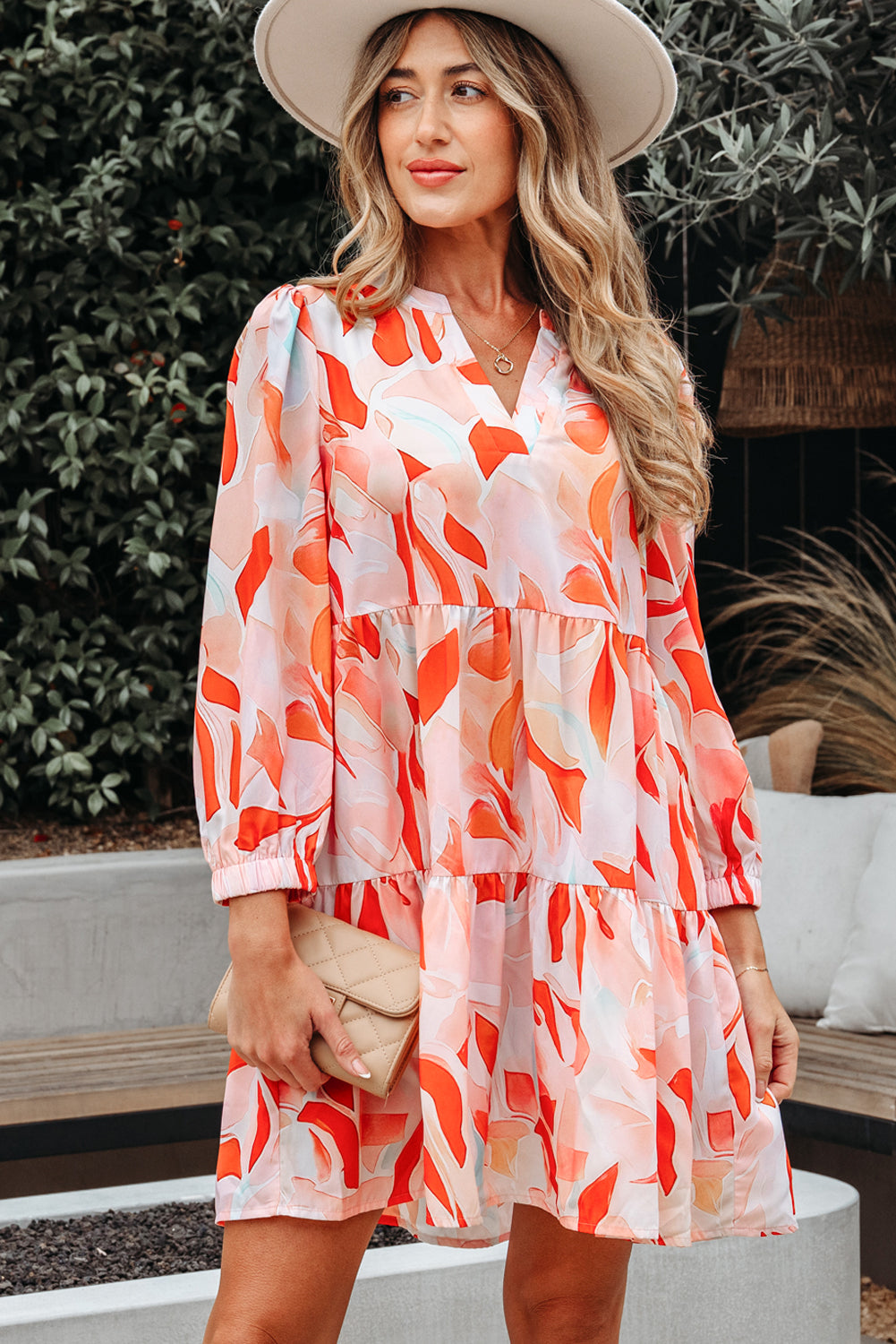 Abstract Print Split Neck Long-Sleeved Dress