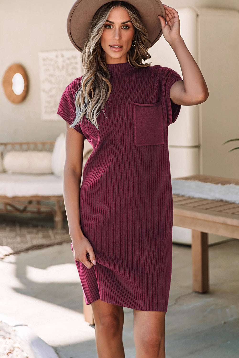 Ribbed Knit Short Sleeve Sweater Dress