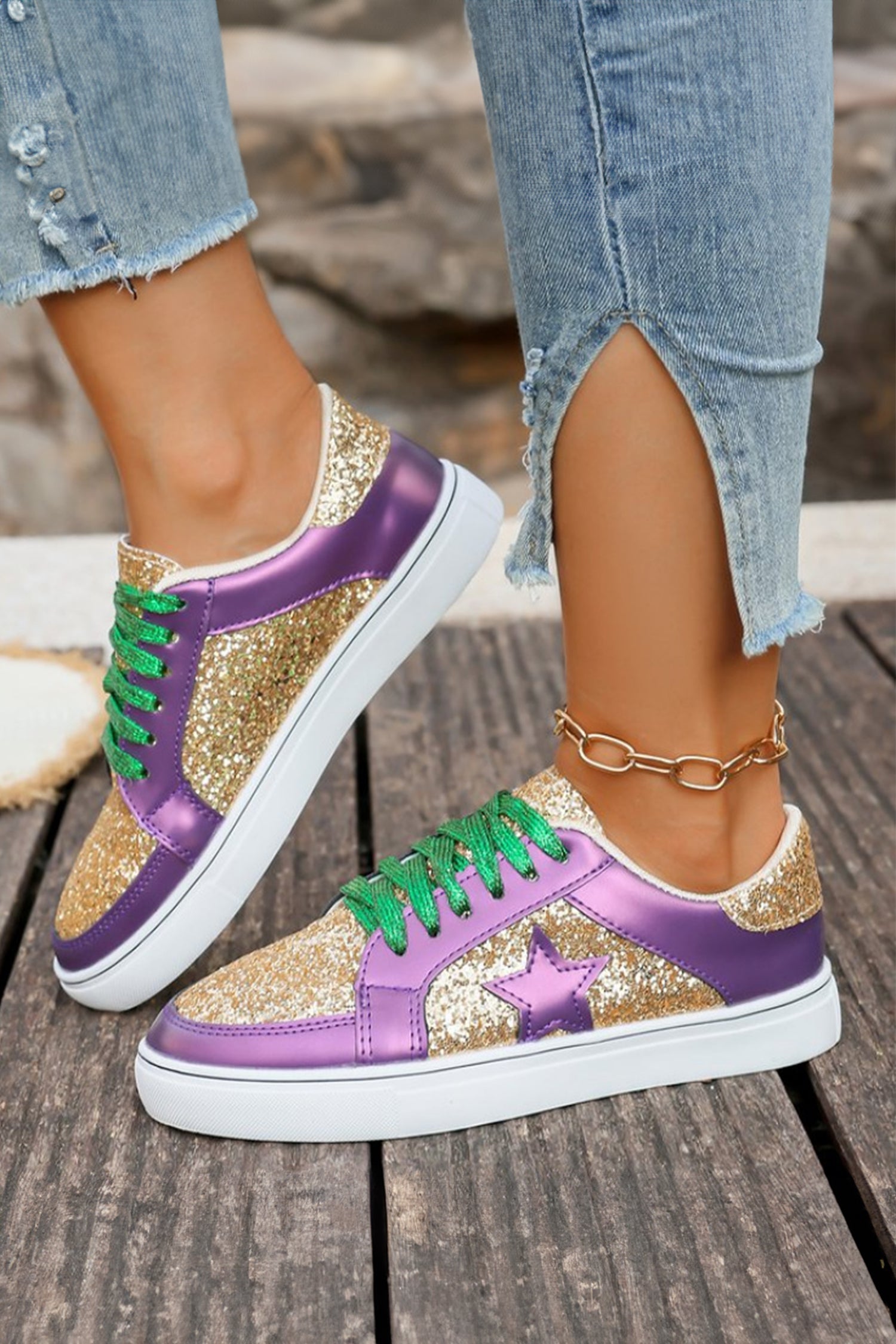 Dearlove Patchwork Glitter Star PU Leather Lace-up Sneakers in Purple