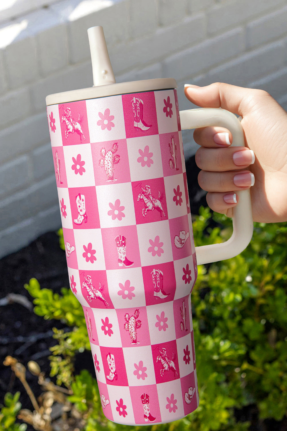 Western Checkered Pattern Flower Print Insulated Tumbler 40OZ