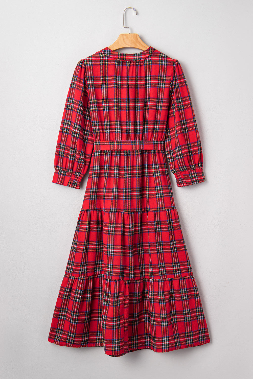 Christmas Plaid V-Neck 3/4 Sleeve Tie Waist Ruffle Hem Long Dress