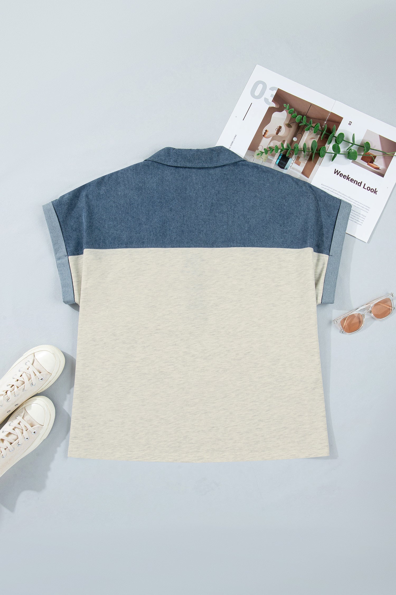 Light Buttons Grey Half Collared Denim Plus Short-Sleeved Top
