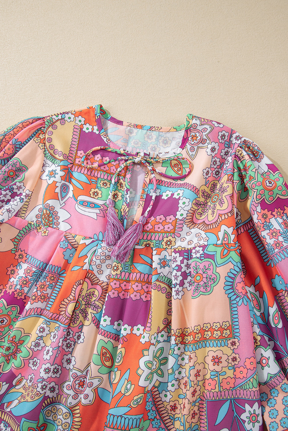 Floral Bubble Boho Bubble Sleeve Tassel Tied Neck Pleated Blouse