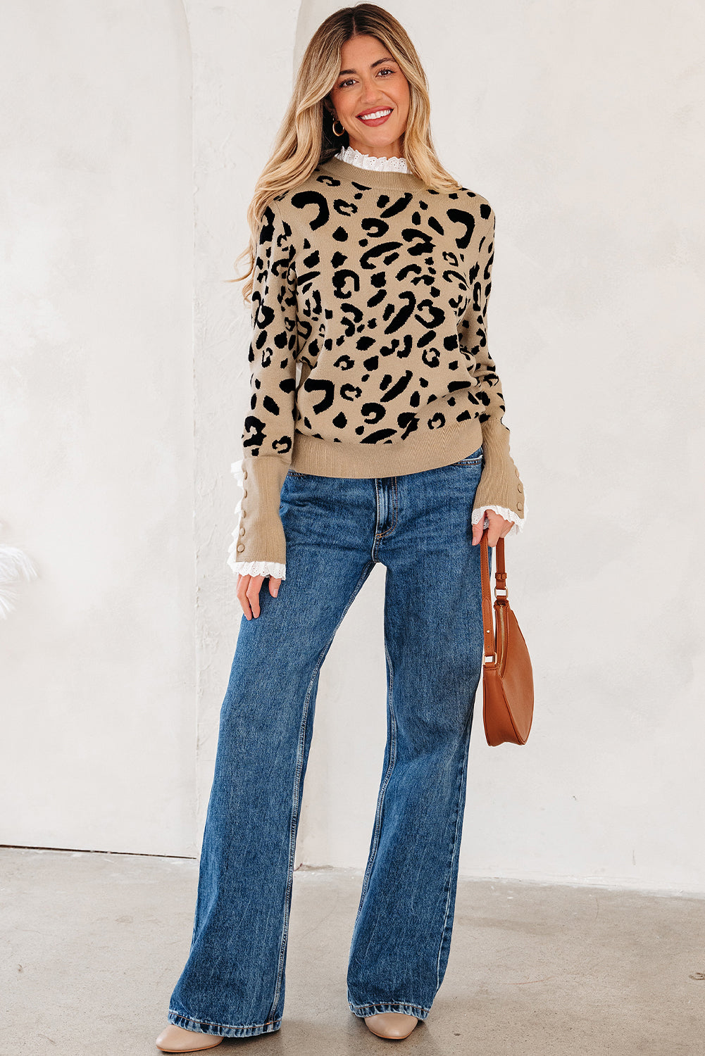 Pattern Lace Leopard Lace Rib-Knit Detail Button Cuffed Knit Top