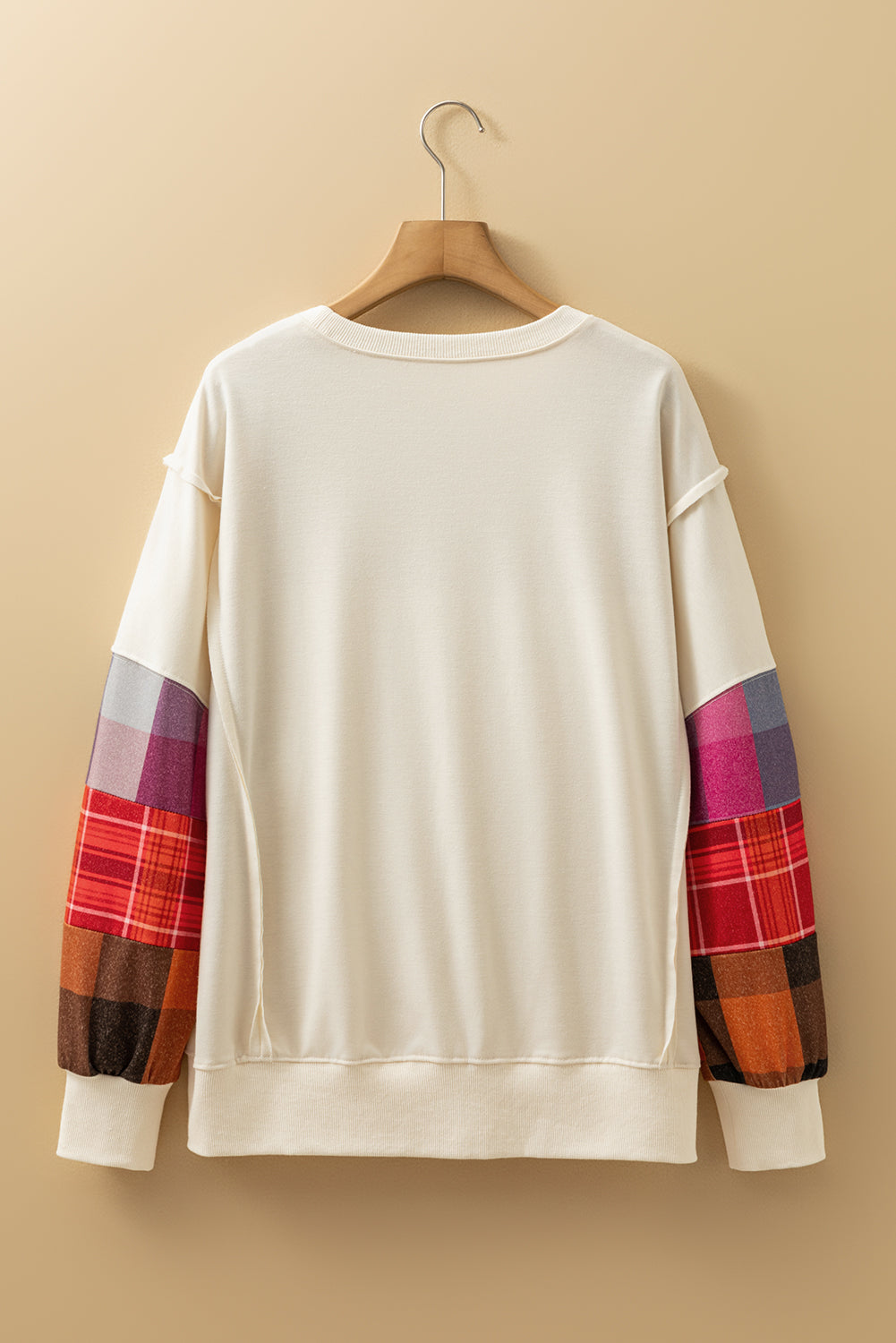 Contrast Plaid Long-Sleeved Exposed Seam Patchwork Top in Beige