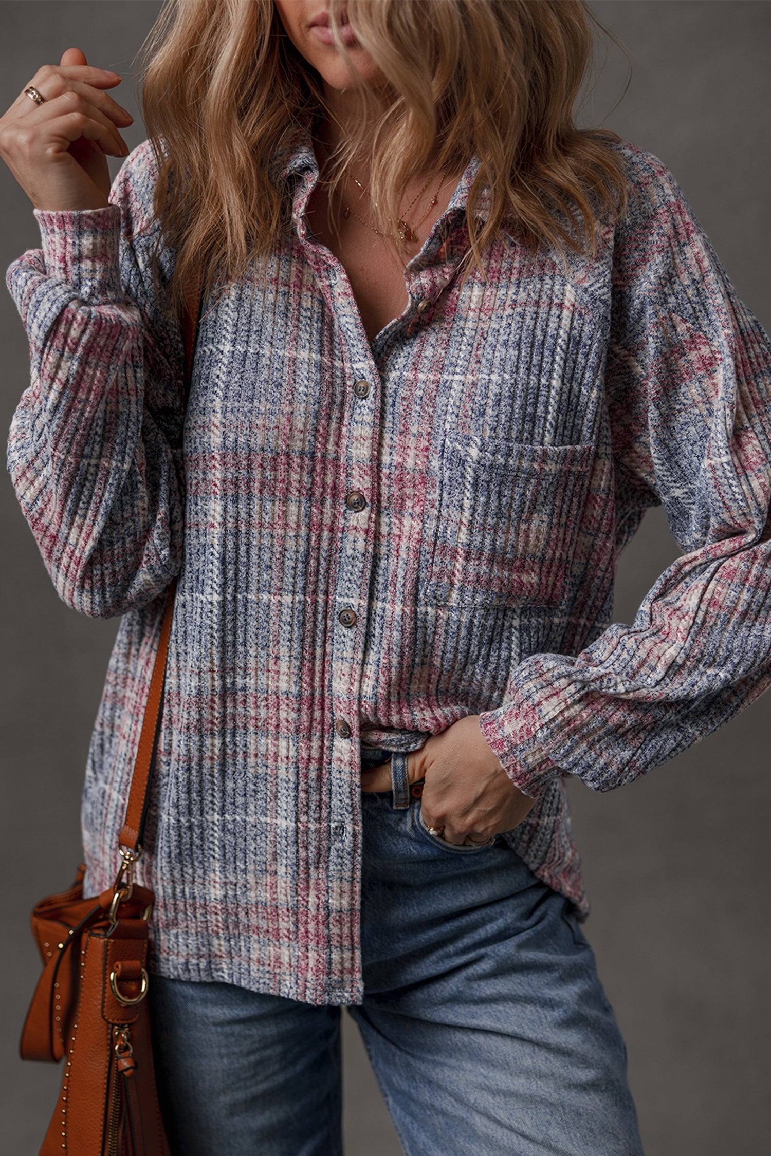 Textured Chest Plaid Chest Pocket Retro Shirt