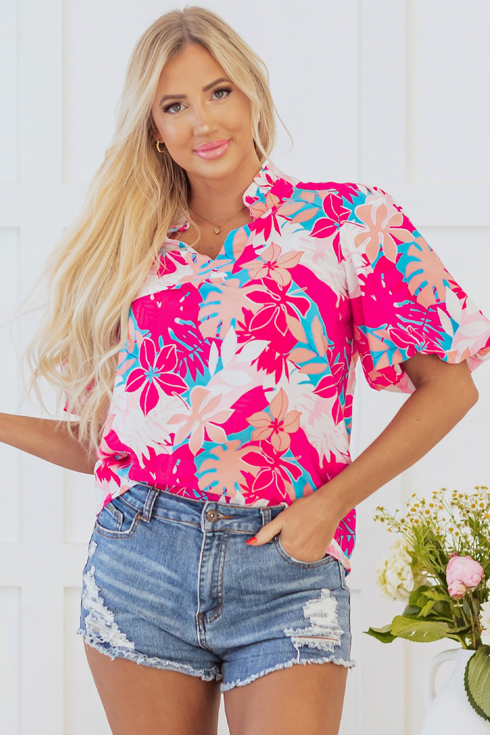 Tropical Plant Printed V Neck Puff Sleeve Blouse