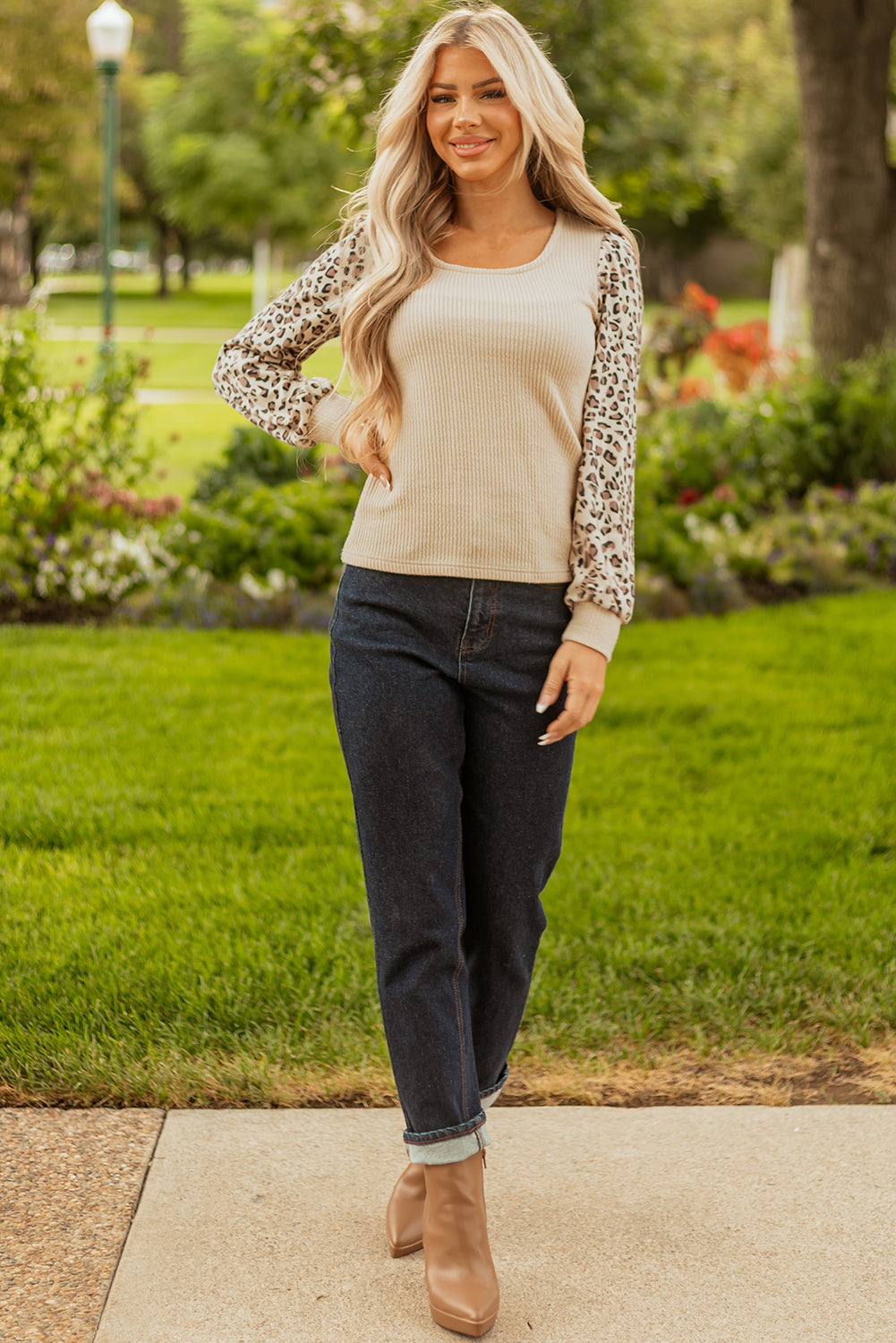 Leopard Sleeve Patchwork Rib-Knit Knit U Neck Top