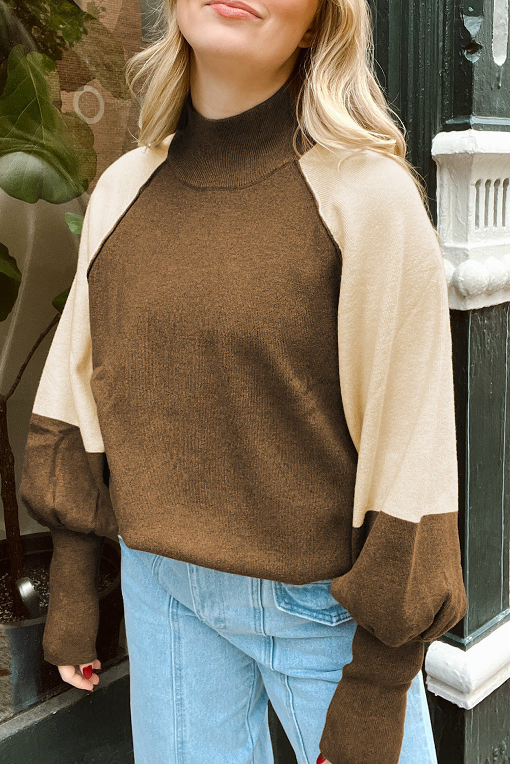Raglan Puff Colorblock Puff Sleeve Mock-Neck Knit Top