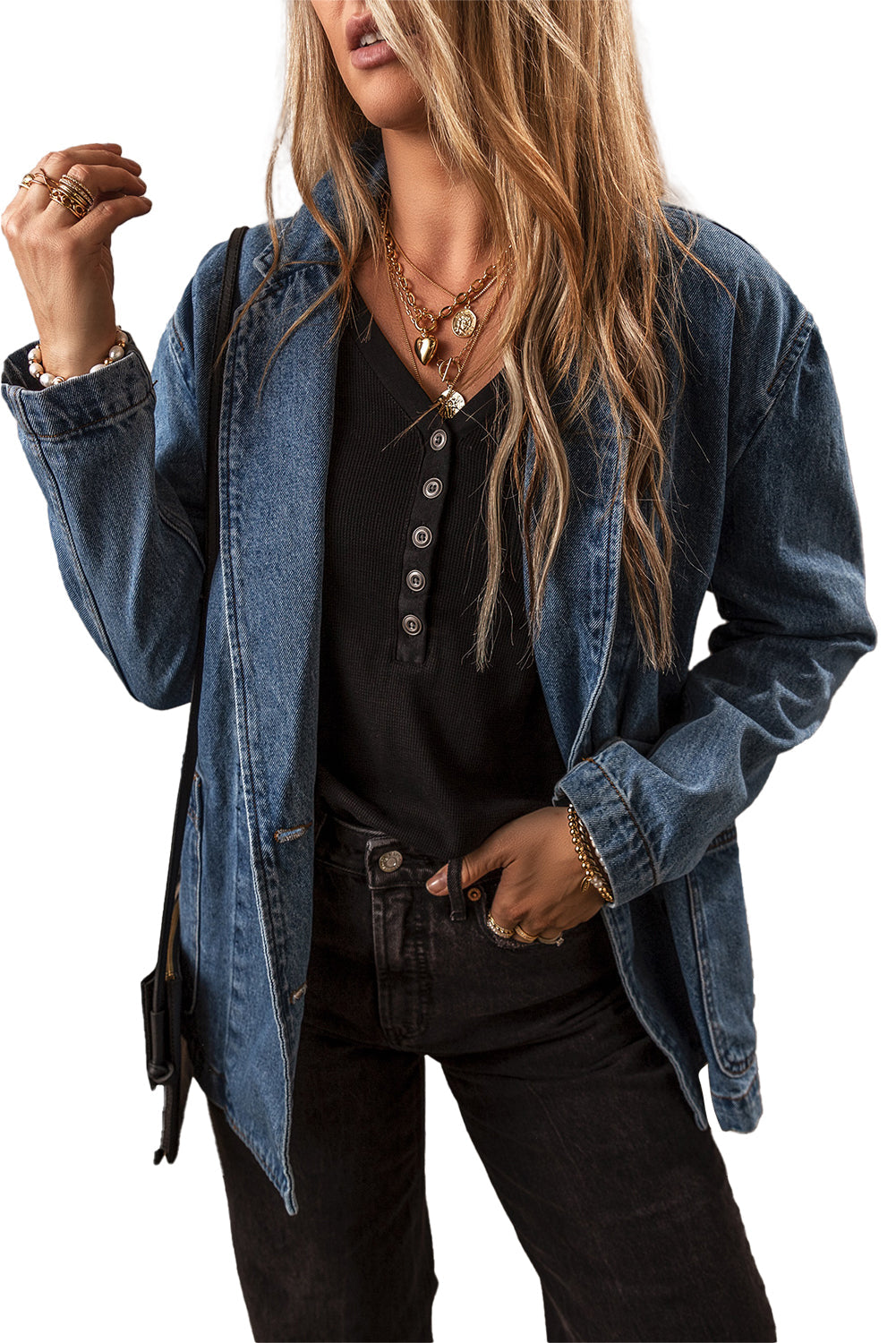 Denim Jacket with Side Pockets Lapel Collar