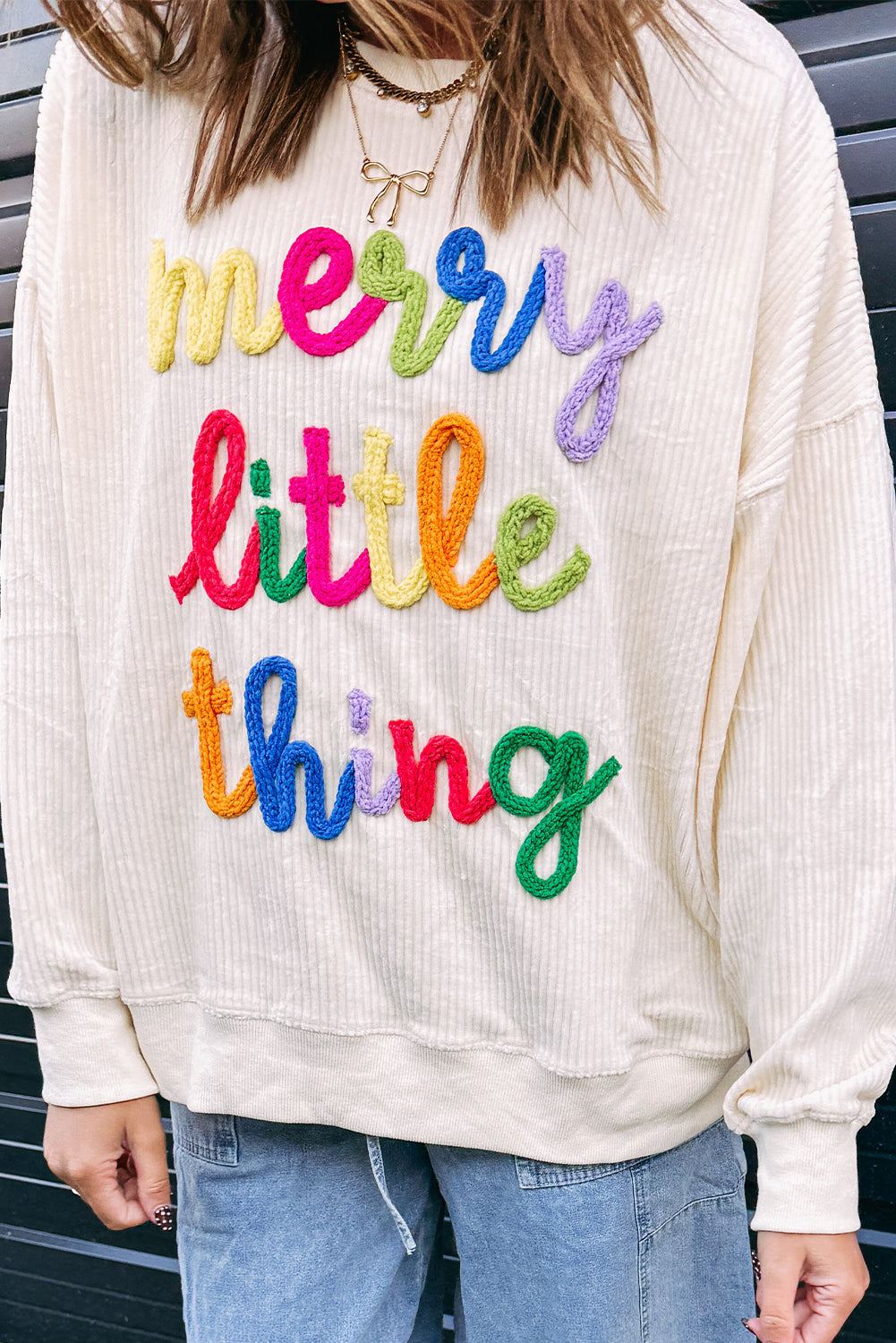 little thing merry thing Corded Letter Graphic Rib-Knit Loose Sweatshirt